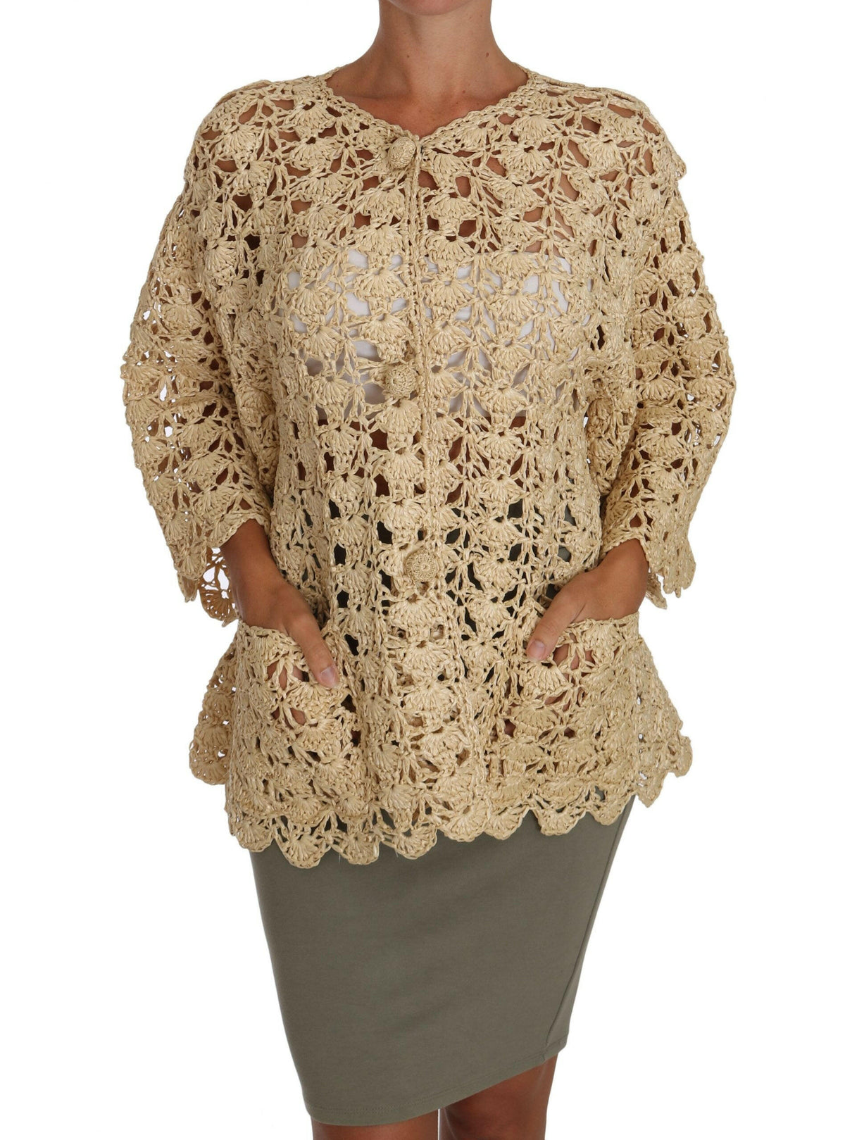 Dolce & Gabbana Beige Cardigan Crochet Knitted Raffia Sweater -   -  Dolce & Gabbana.
