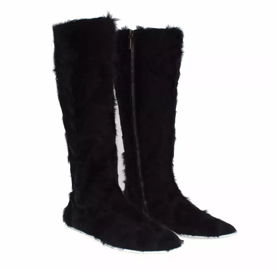 Dolce & Gabbana Black Xiangao Lamb Fur Leather Boots Shoes -   -  Dolce & Gabbana.