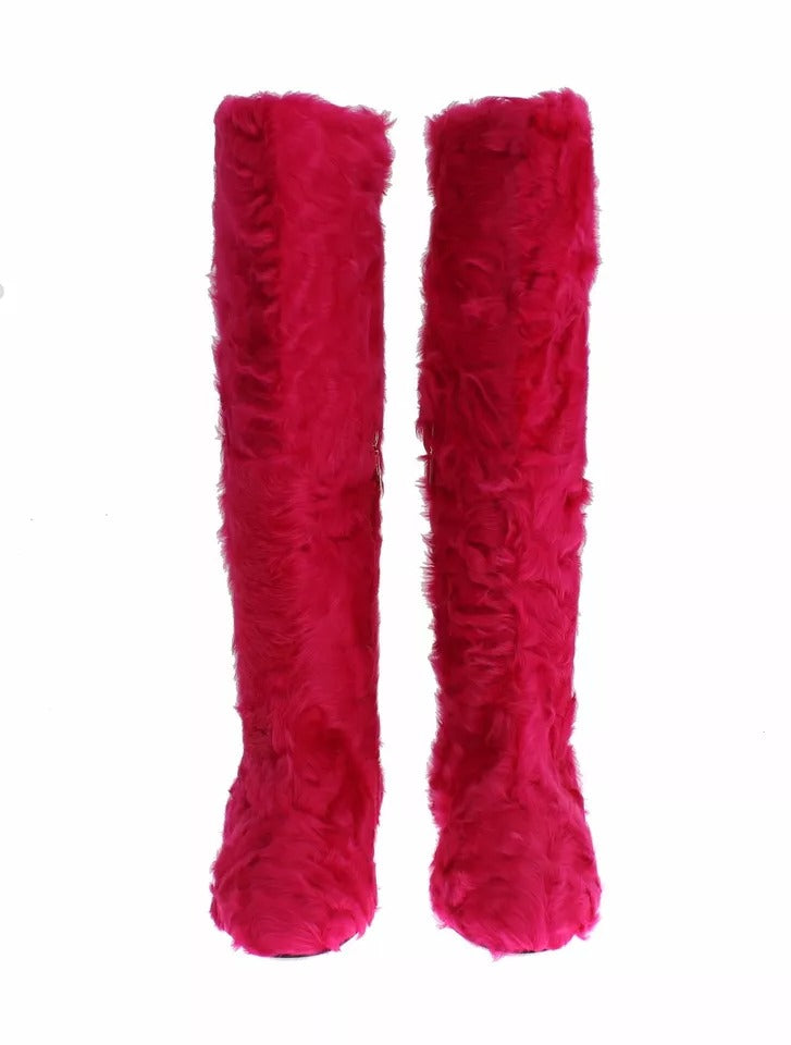 Dolce & Gabbana Pink Lamb Fur Leather Flat Boots Shoes -   -  Dolce & Gabbana.