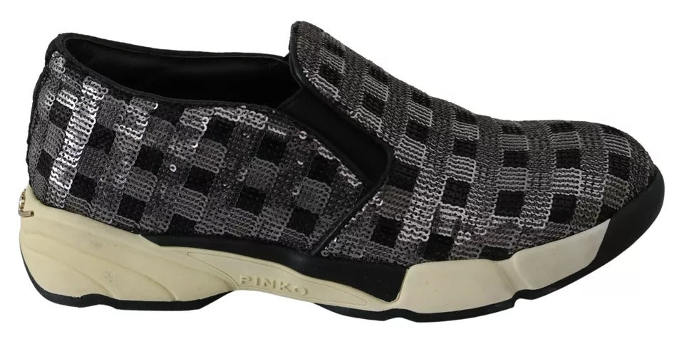 PINKO Silver Black Slip-on Sequence Design Sneakers Shoes -   -  PINKO.