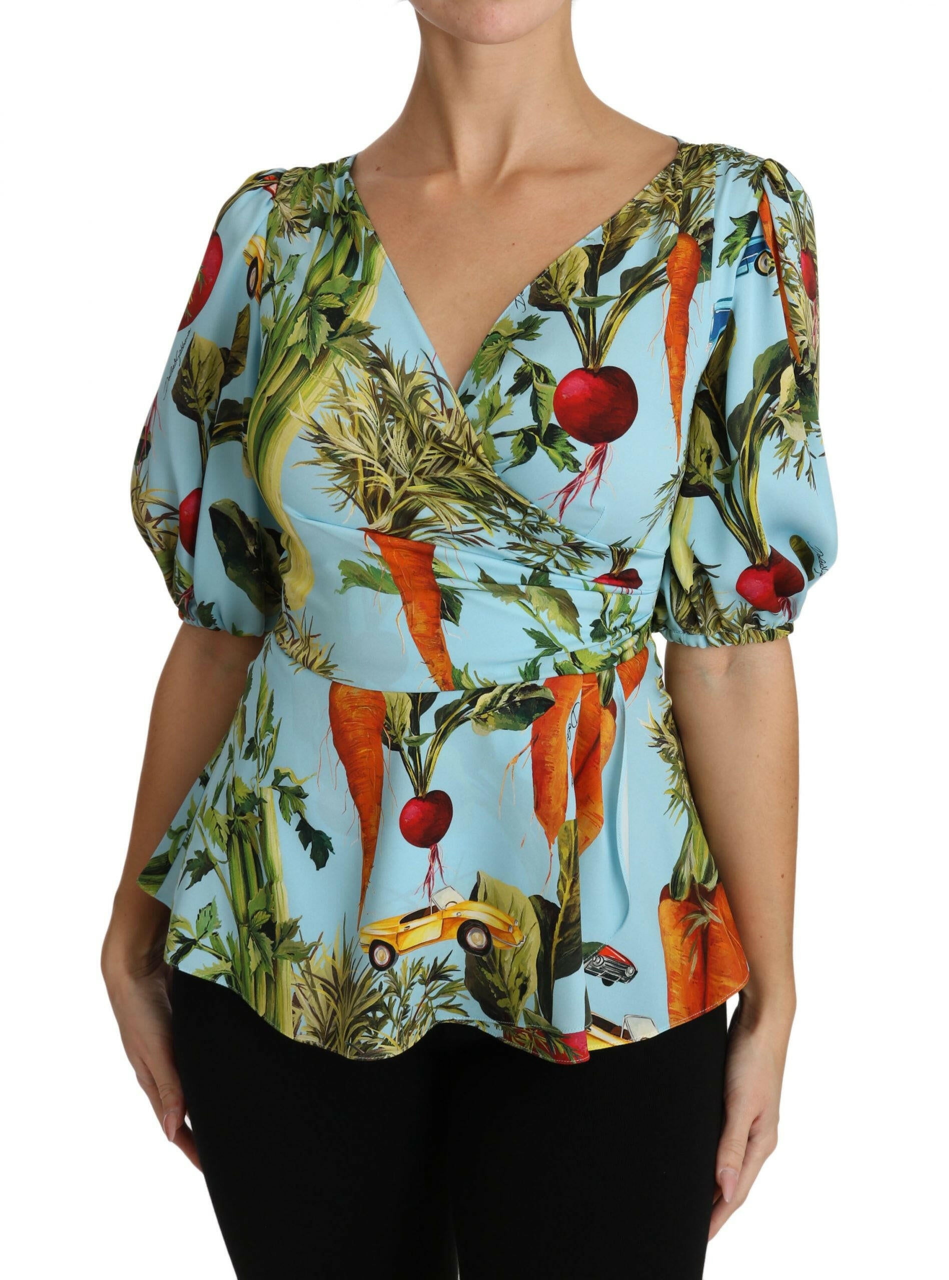 Dolce & Gabbana Multicolor Vegetable Print Silk Top Peplum Wrap Blouse -   -  Dolce & Gabbana.