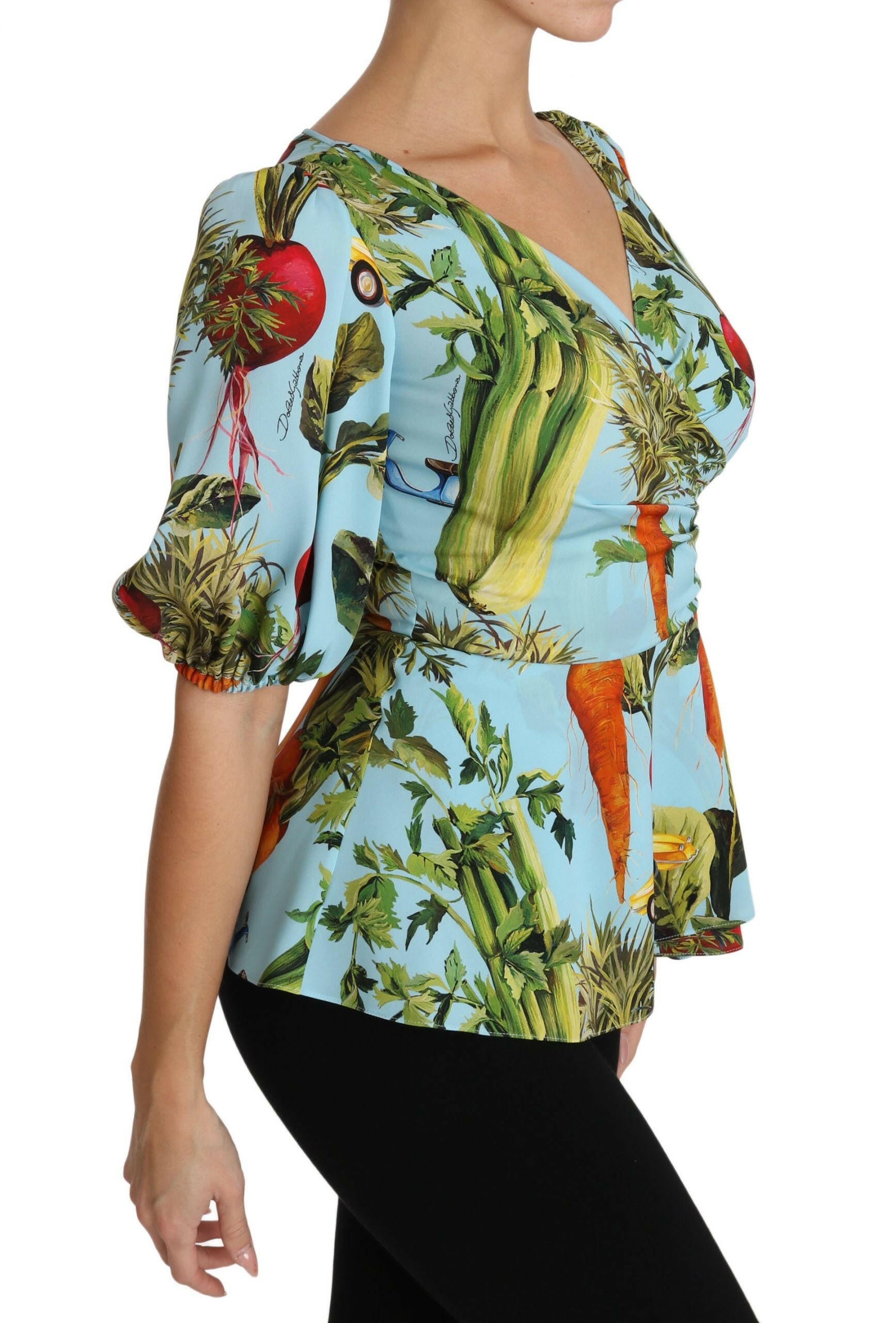 Dolce & Gabbana Multicolor Vegetable Print Silk Top Peplum Wrap Blouse -   -  Dolce & Gabbana.