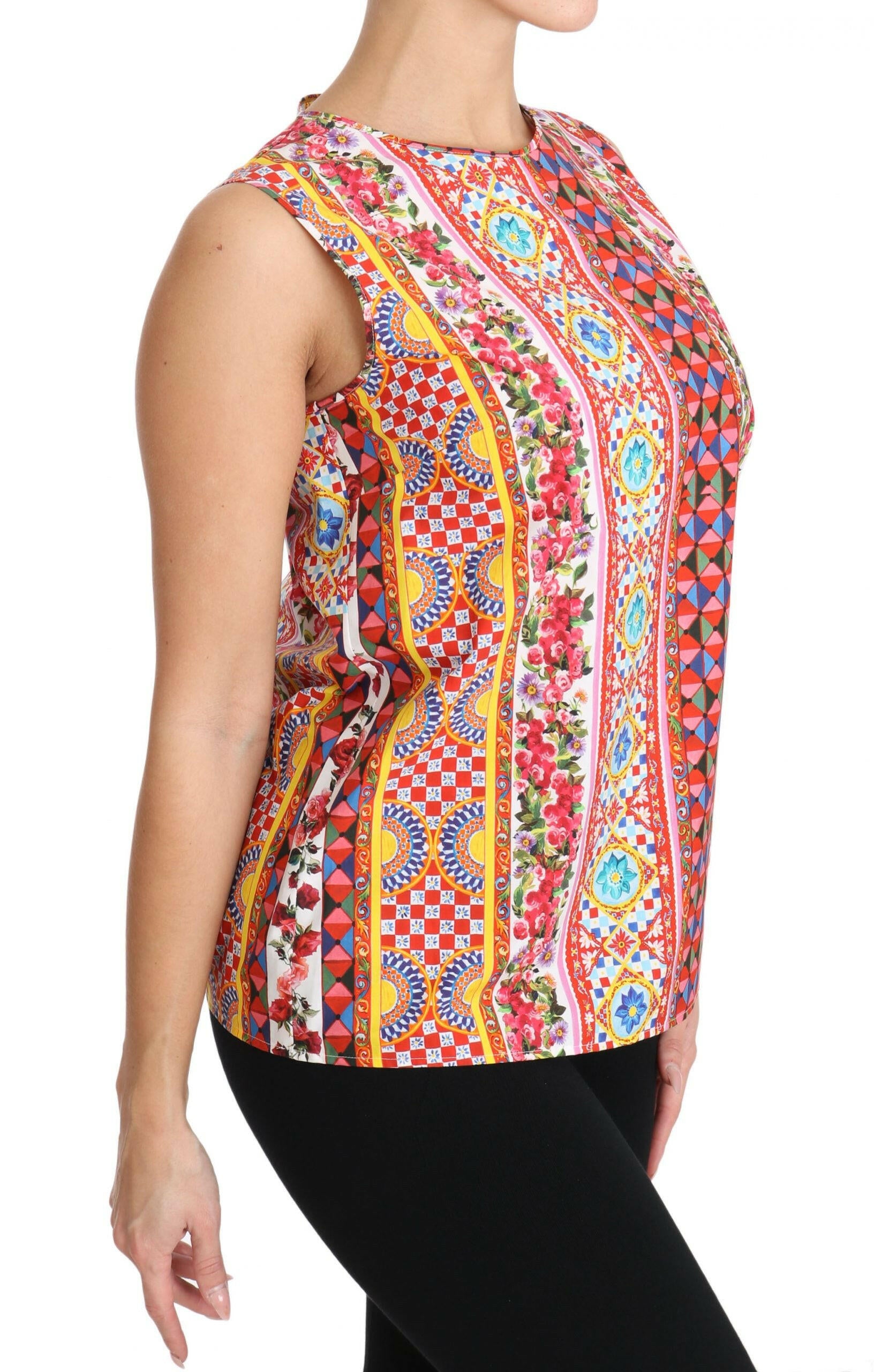 Dolce & Gabbana Carretto Print Pure Cotton Tank Top Floral Blouse -   -  Dolce & Gabbana.