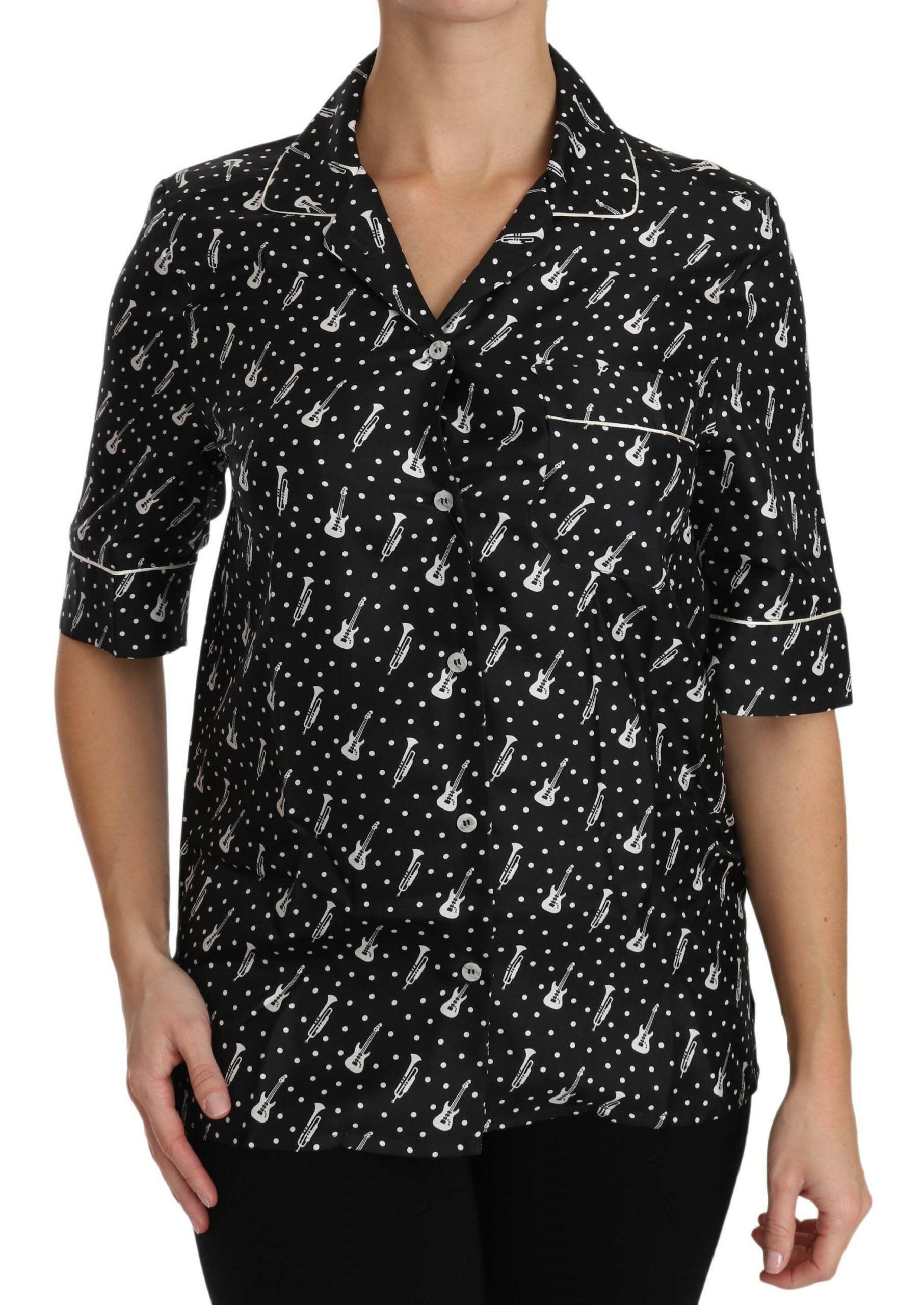 Dolce & Gabbana Black GuitarTrumpet Print Silk Shirt Top -   -  Dolce & Gabbana.