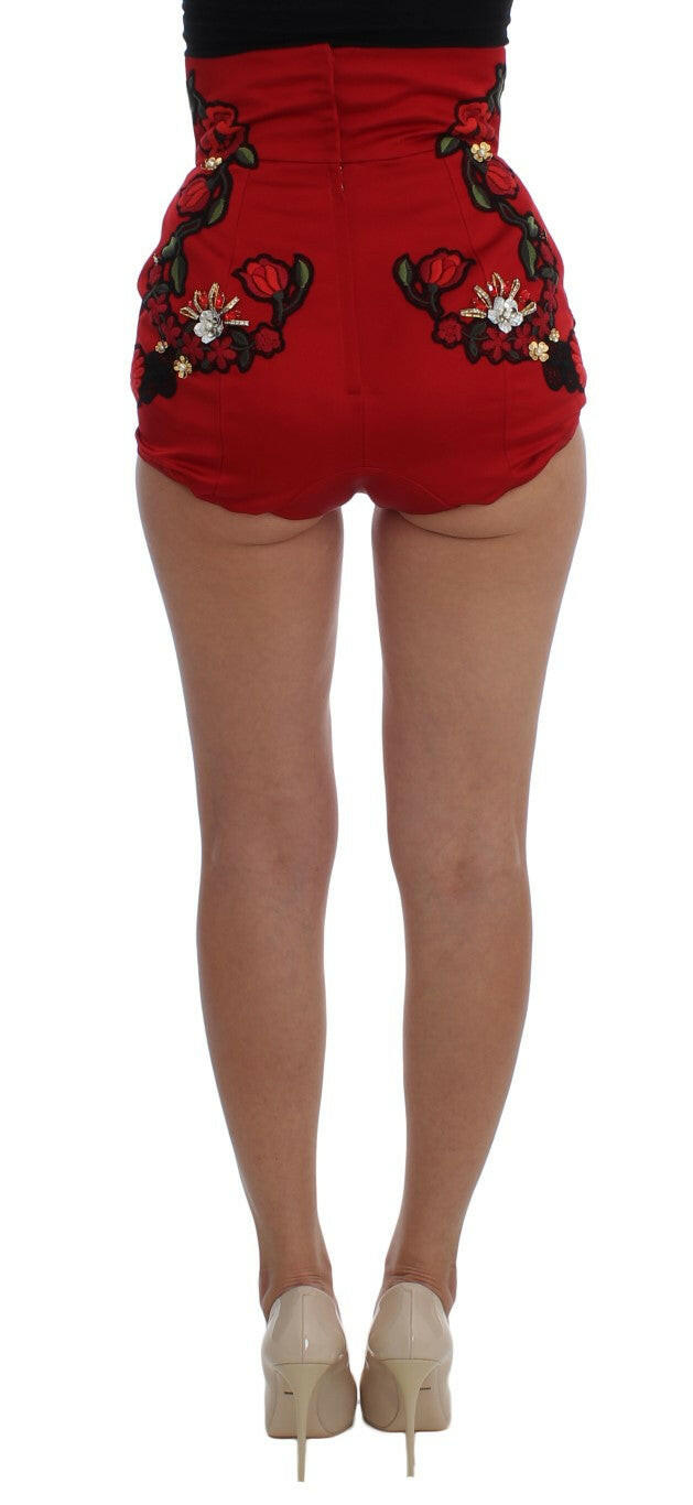 Dolce & Gabbana Red Silk Crystal Roses Shorts -   -  Dolce & Gabbana.