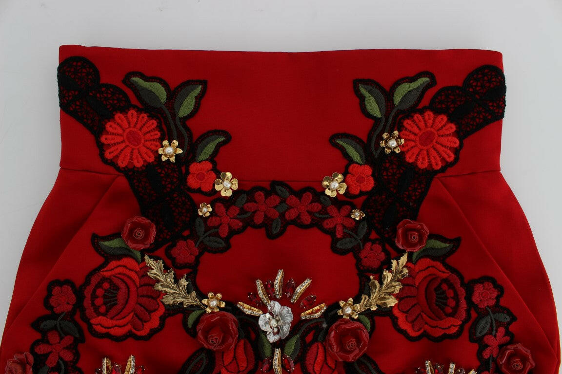 Dolce & Gabbana Red Silk Crystal Roses Shorts -   -  Dolce & Gabbana.