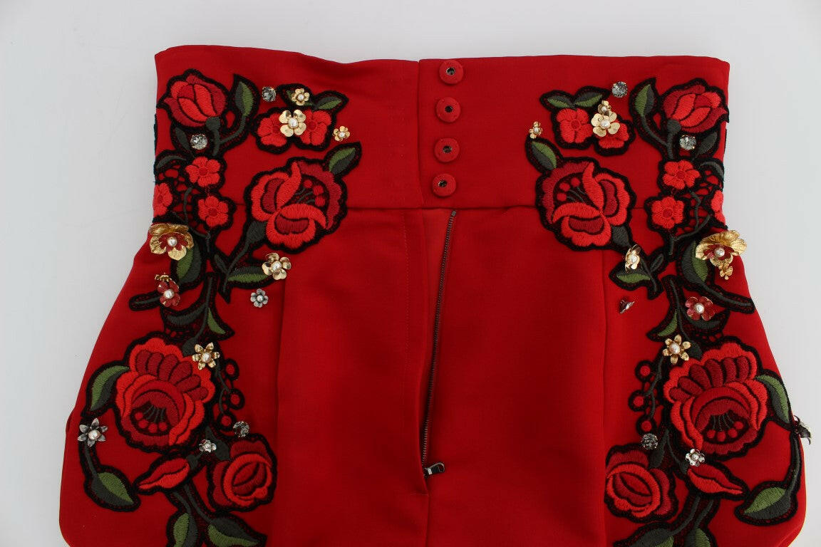 Dolce & Gabbana Red Silk Crystal Roses Shorts -   -  Dolce & Gabbana.