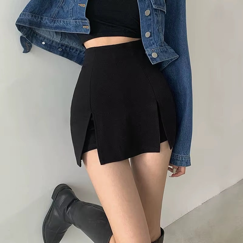 Chic High Waist Split Shorts Skirt - Stylish A-Line Mini for Office & Summer Elegance -   -  Tiny Lux.