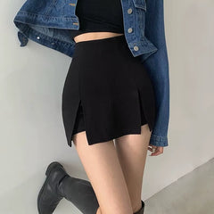 Chic High Waist Split Shorts Skirt - Stylish A-Line Mini for Office & Summer Elegance -   -  Tiny Lux.