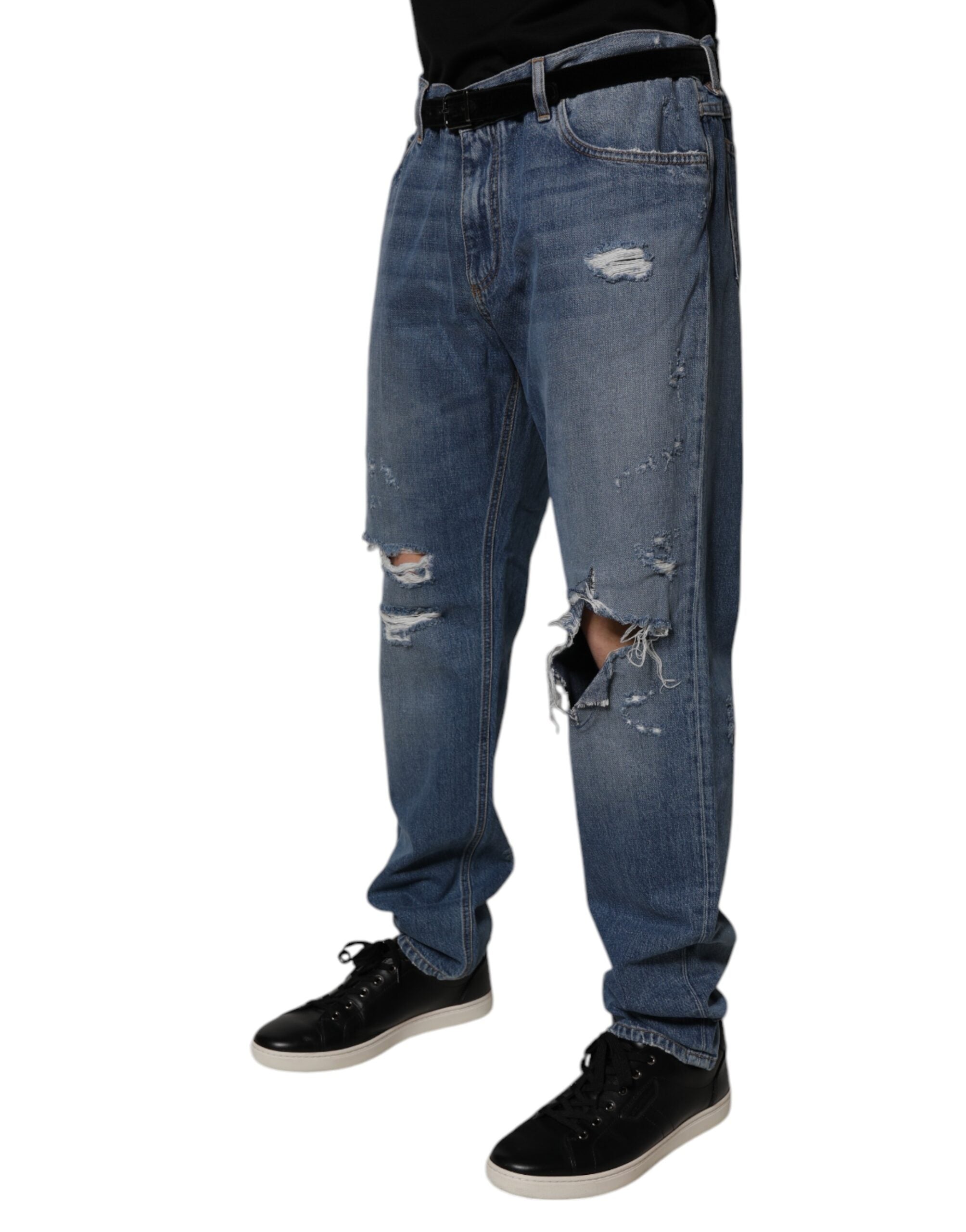 Dolce & Gabbana Blue Tattered Cotton Straight Denim Jeans -   -  Dolce & Gabbana.