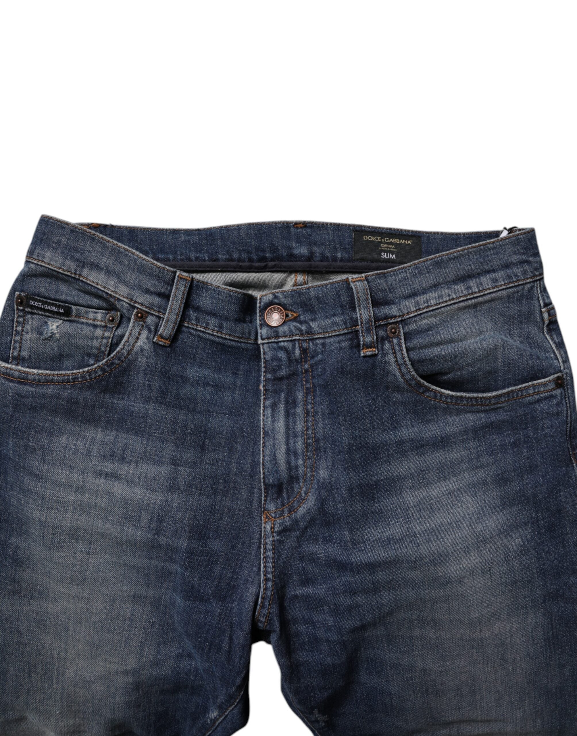 Dolce & Gabbana Dark Blue Cotton Leather Skinny Denim Jeans -   -  Dolce & Gabbana.