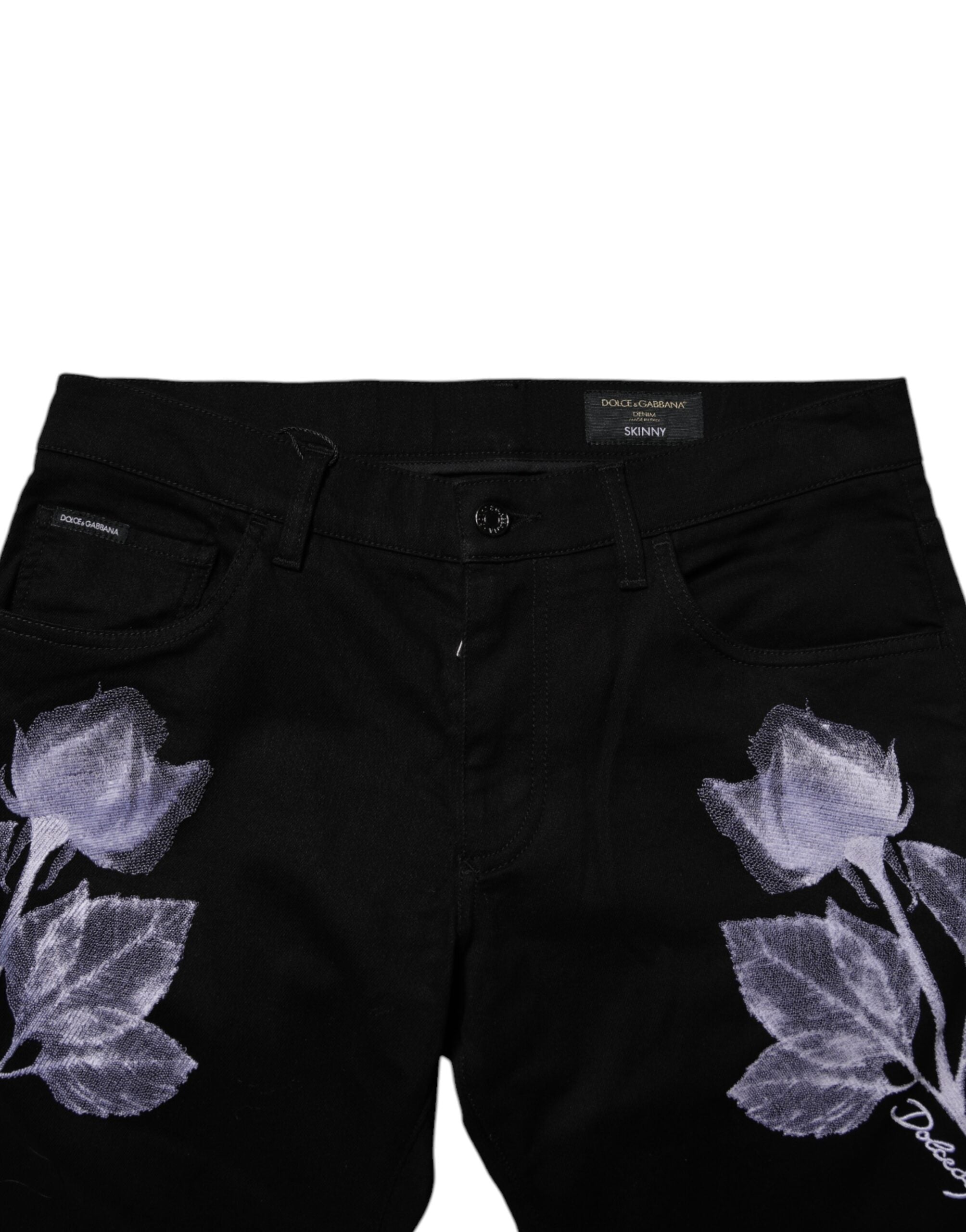 Dolce & Gabbana Black Floral Cotton Skinny Men Denim Jeans -   -  Dolce & Gabbana.