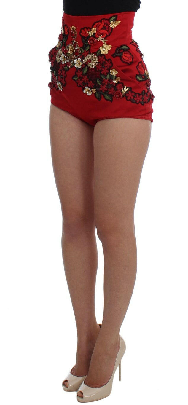 Dolce & Gabbana Red Silk Crystal Roses Shorts -   -  Dolce & Gabbana.