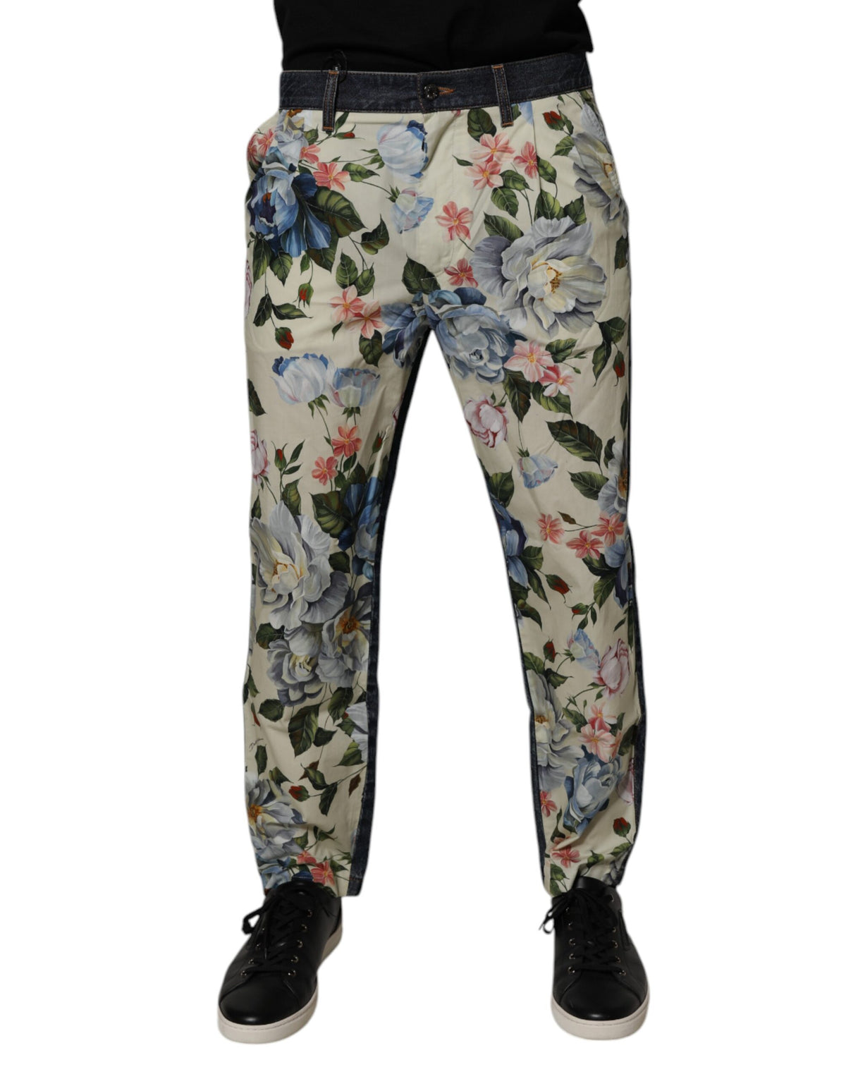 Dolce & Gabbana Beige Blue Floral Cotton Men Denim Jeans -   -  Dolce & Gabbana.