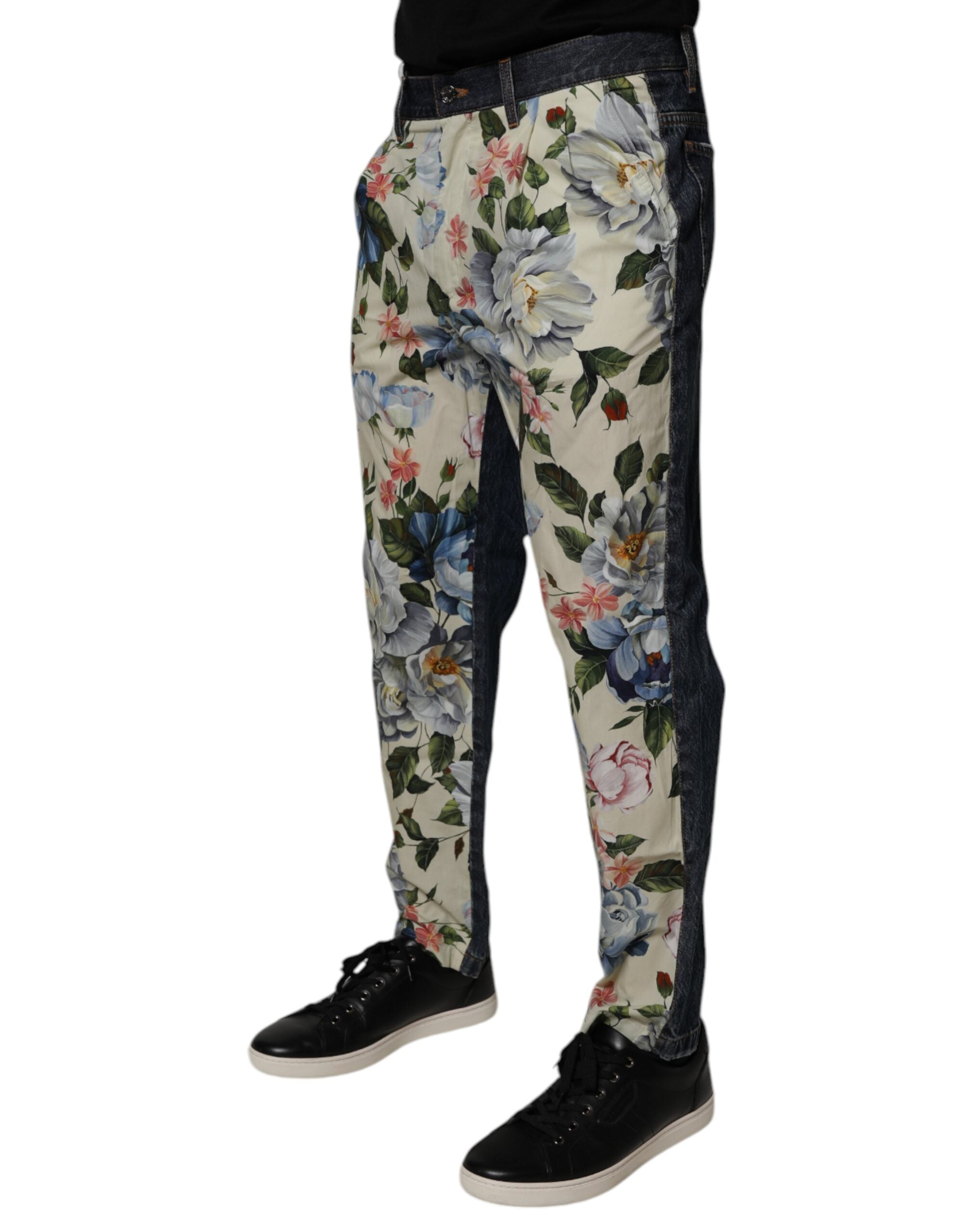 Dolce & Gabbana Beige Blue Floral Cotton Men Denim Jeans -   -  Dolce & Gabbana.