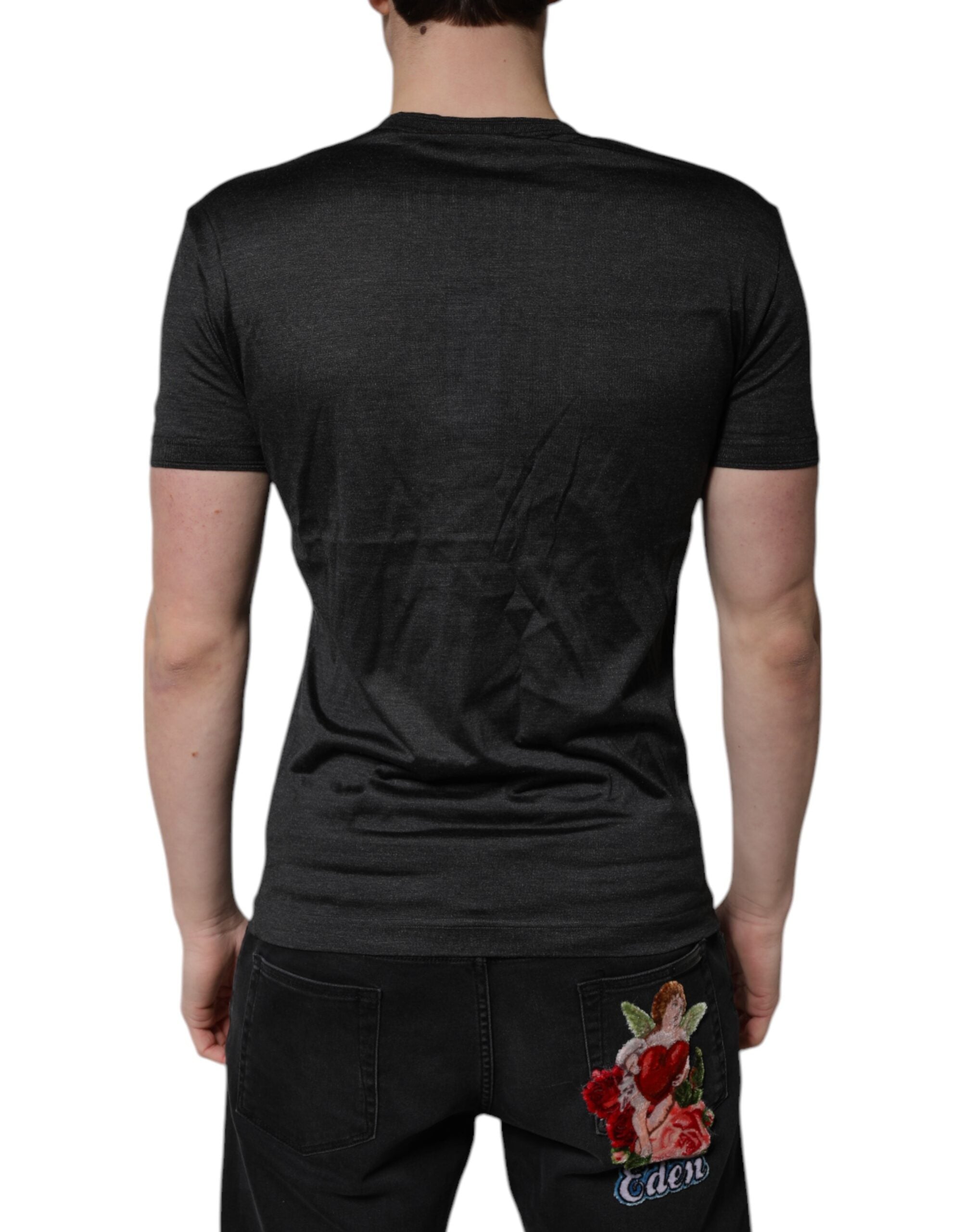 Dolce & Gabbana Dark Gray Silk V-neck Short Sleeves T-shirt -   -  Dolce & Gabbana.