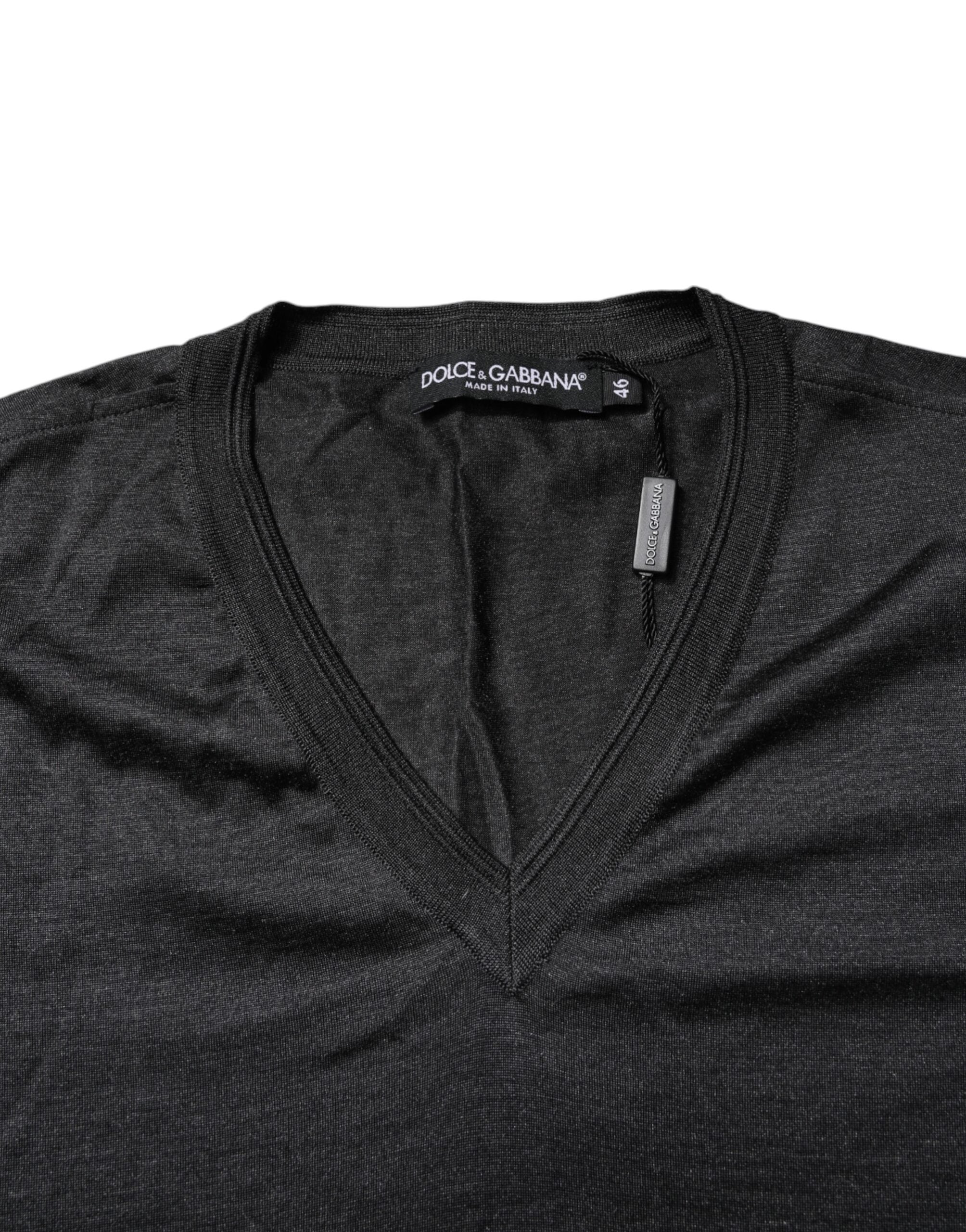 Dolce & Gabbana Dark Gray Silk V-neck Short Sleeves T-shirt -   -  Dolce & Gabbana.