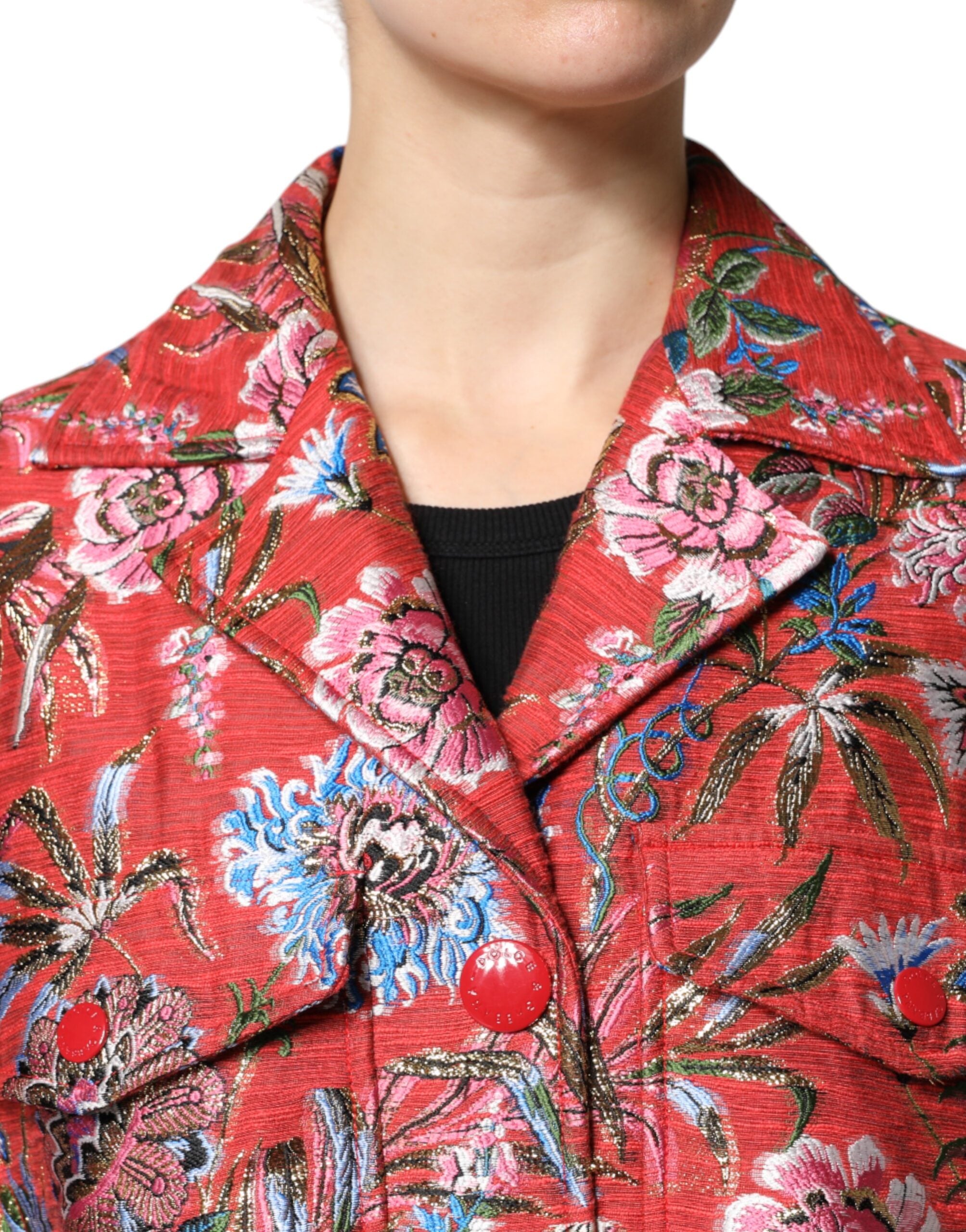 Dolce & Gabbana Red Floral Jacquard Button Down Coat Jacket -   -  Dolce & Gabbana.