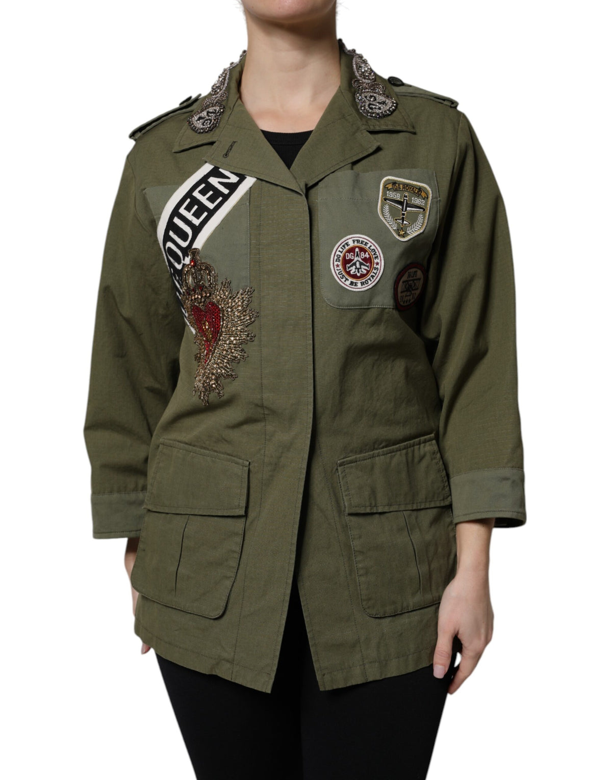 Dolce & Gabbana Military Green Queen Embellished Coat Jacket -   -  Dolce & Gabbana.
