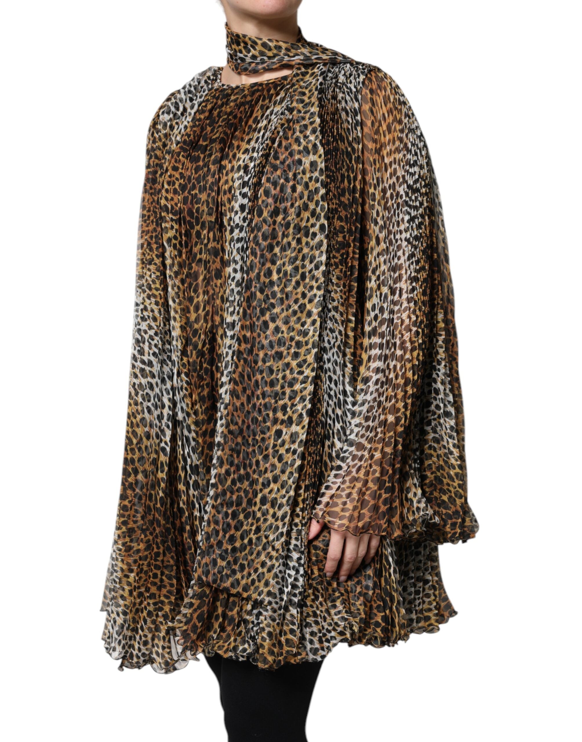 Dolce & Gabbana Brown Leopard Print Scarf Collared Chiffon Dress -   -  Dolce & Gabbana.