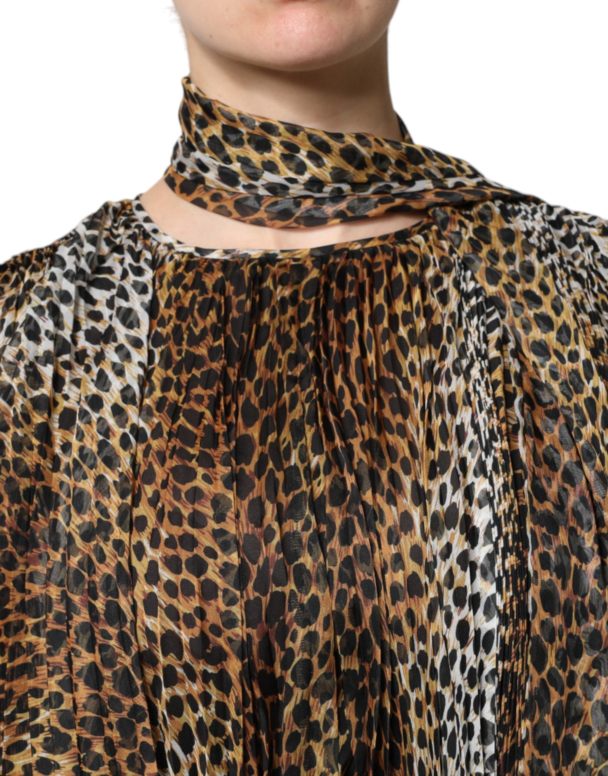 Dolce & Gabbana Brown Leopard Print Scarf Collared Chiffon Dress -   -  Dolce & Gabbana.