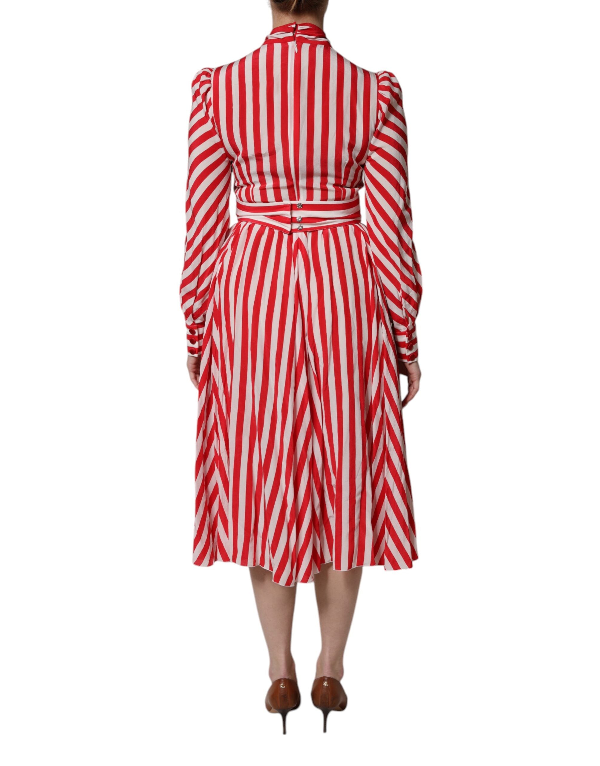 Dolce & Gabbana White Red Stripes Long Sleeves Midi Dress -   -  Dolce & Gabbana.