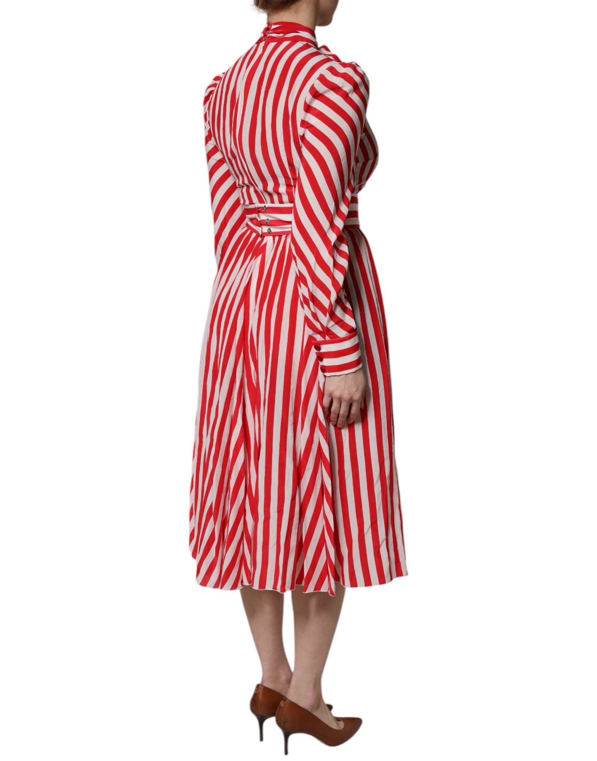 Dolce & Gabbana White Red Stripes Long Sleeves Midi Dress -   -  Dolce & Gabbana.
