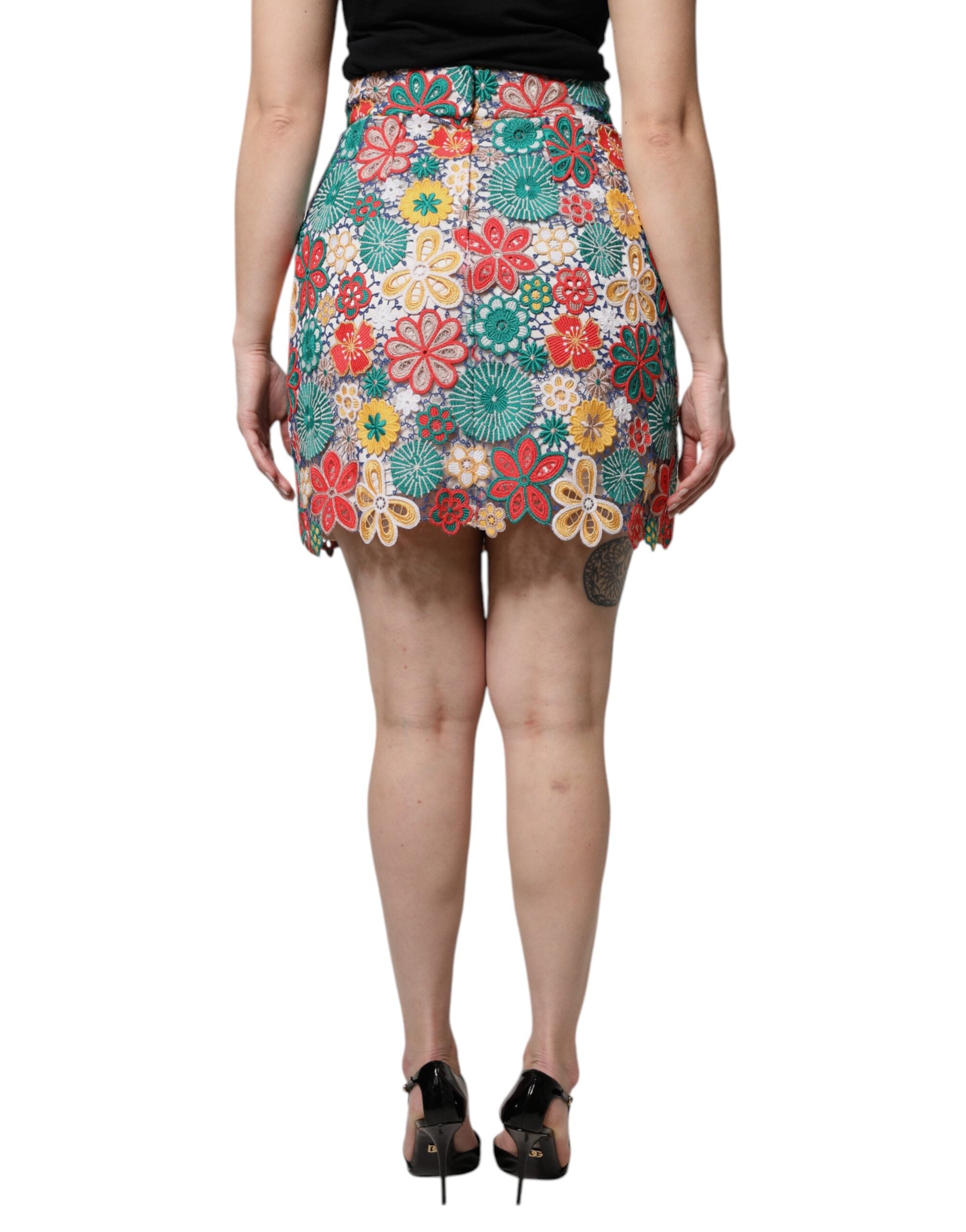 Dolce & Gabbana Multicolor Floral Lace High Waist Mini Skirt -   -  Dolce & Gabbana.
