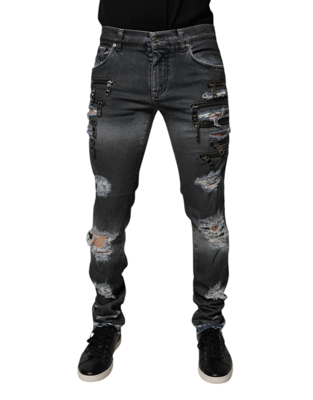 Dolce & Gabbana Dark Gray Tattered Cotton Skinny Denim Jeans -   -  Dolce & Gabbana.