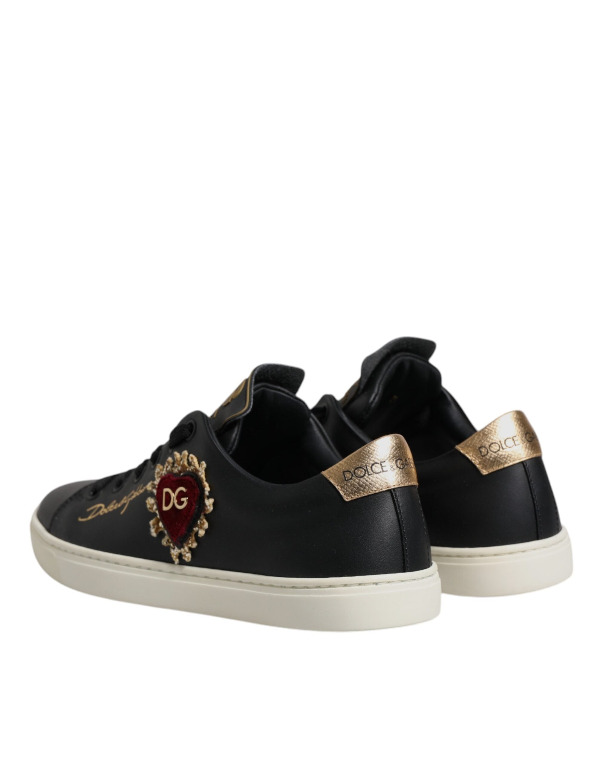 Dolce & Gabbana Black Leather Gold Red Heart Sneakers Shoes -   -  Dolce & Gabbana.