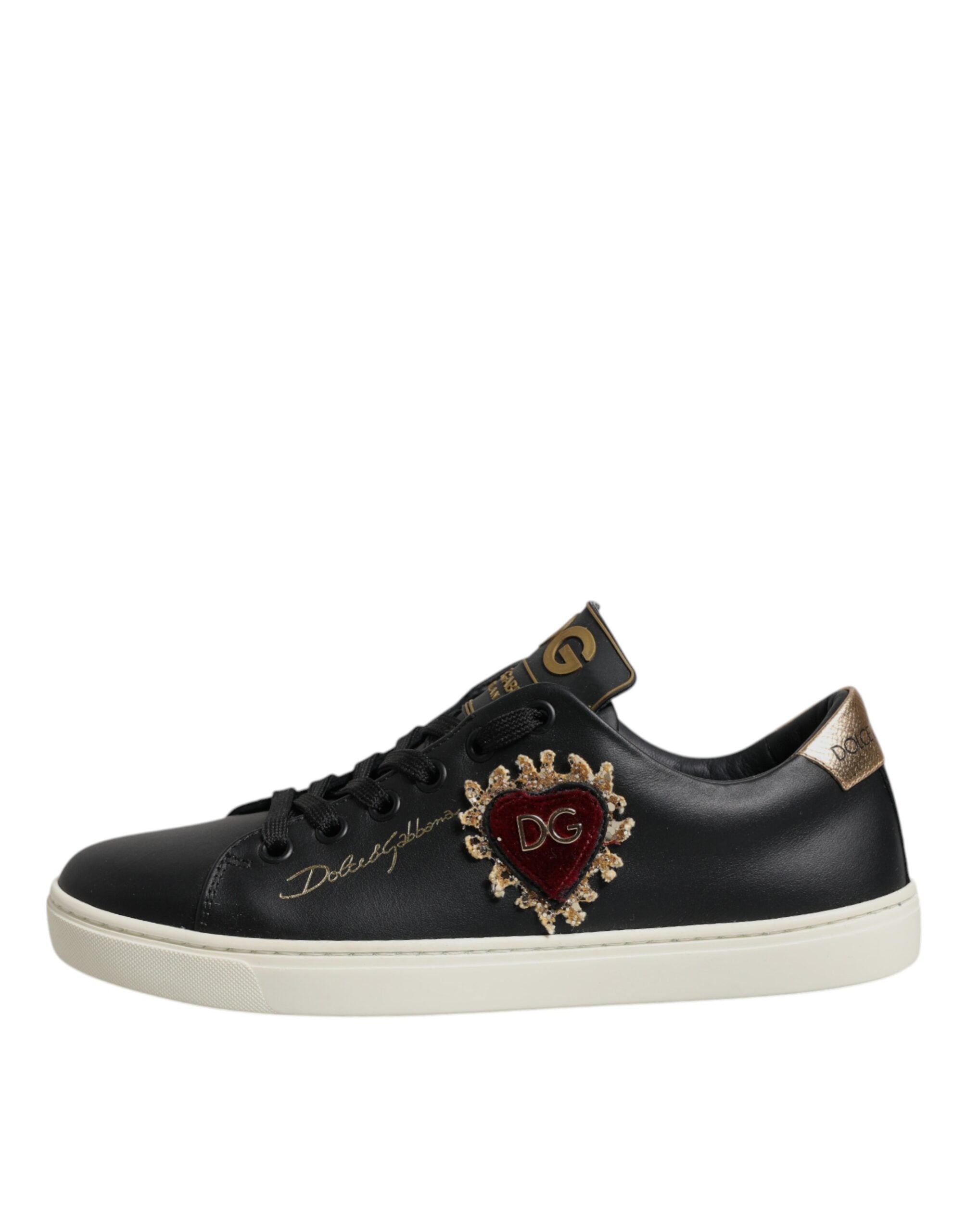 Dolce & Gabbana Black Leather Gold Red Heart Sneakers Shoes -   -  Dolce & Gabbana.