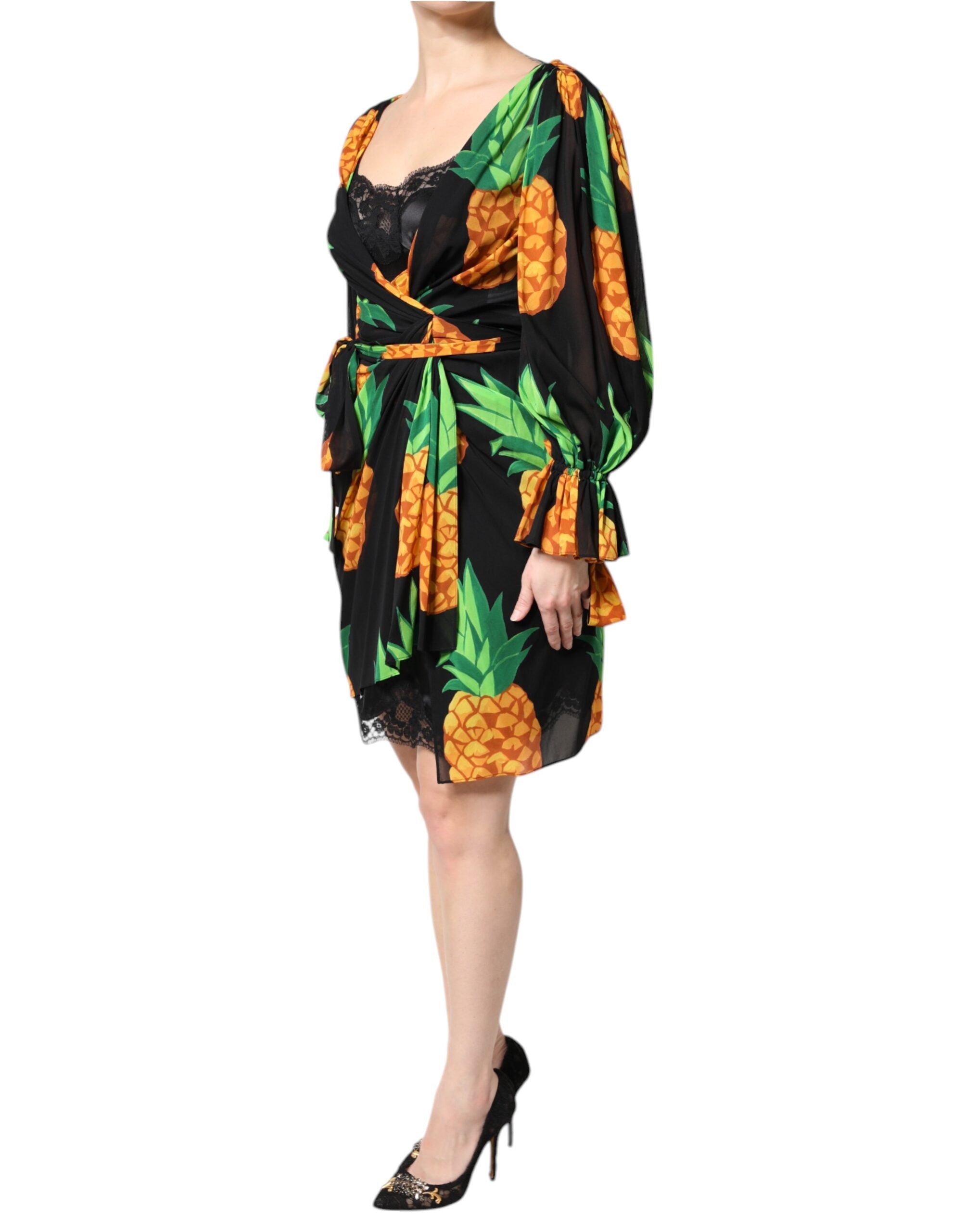 Dolce & Gabbana Black Silk Pineapple Draped Print Wrap Dress -   -  Dolce & Gabbana.