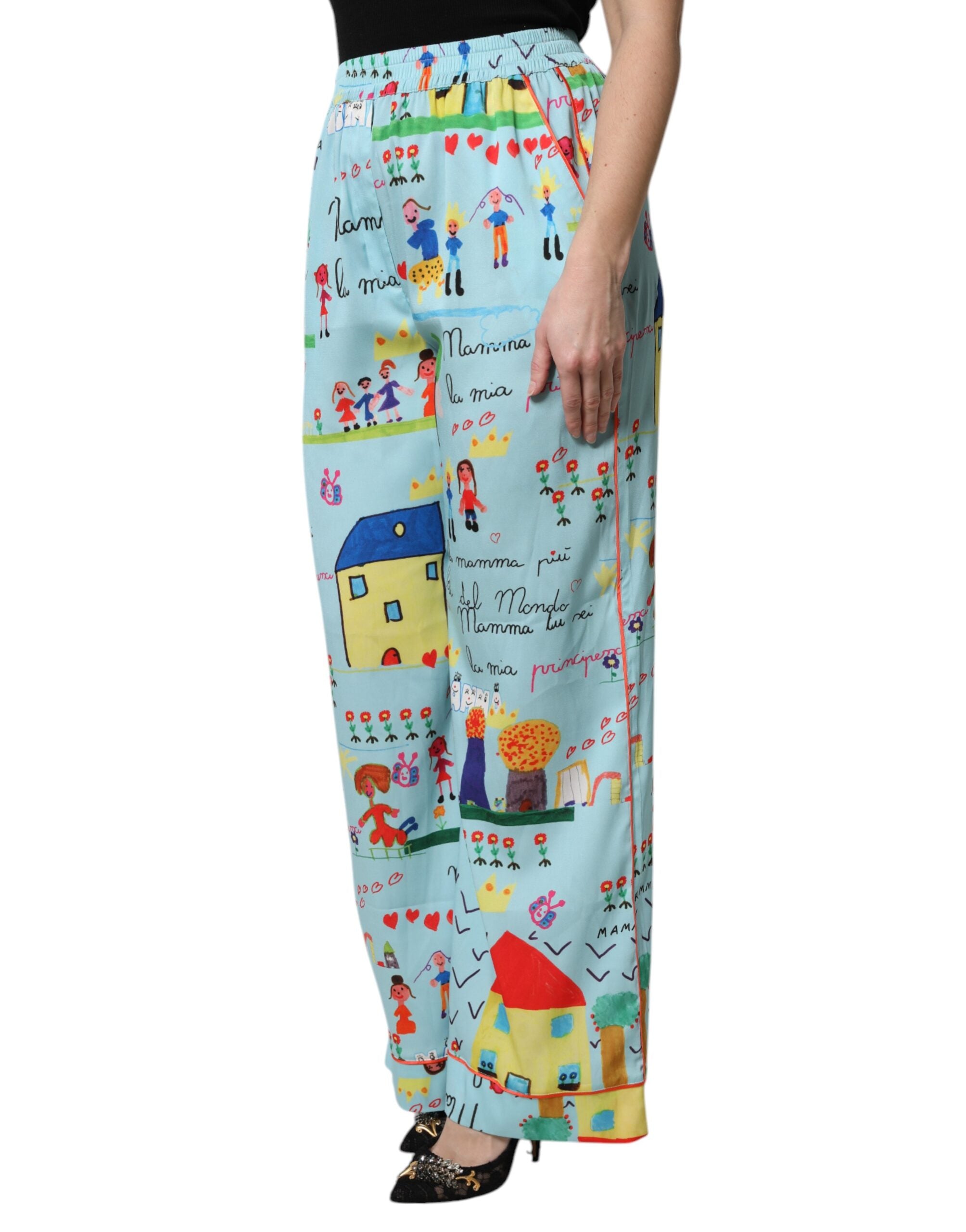 Dolce & Gabbana Light Blue Drawing Mid Waist Wide Leg Pants -   -  Dolce & Gabbana.