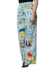Dolce & Gabbana Light Blue Drawing Mid Waist Wide Leg Pants -   -  Dolce & Gabbana.