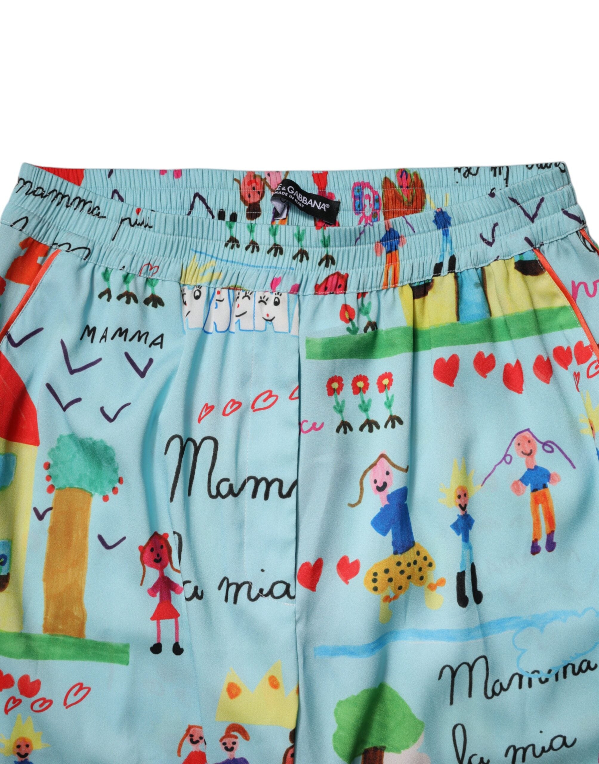 Dolce & Gabbana Light Blue Drawing Mid Waist Wide Leg Pants -   -  Dolce & Gabbana.