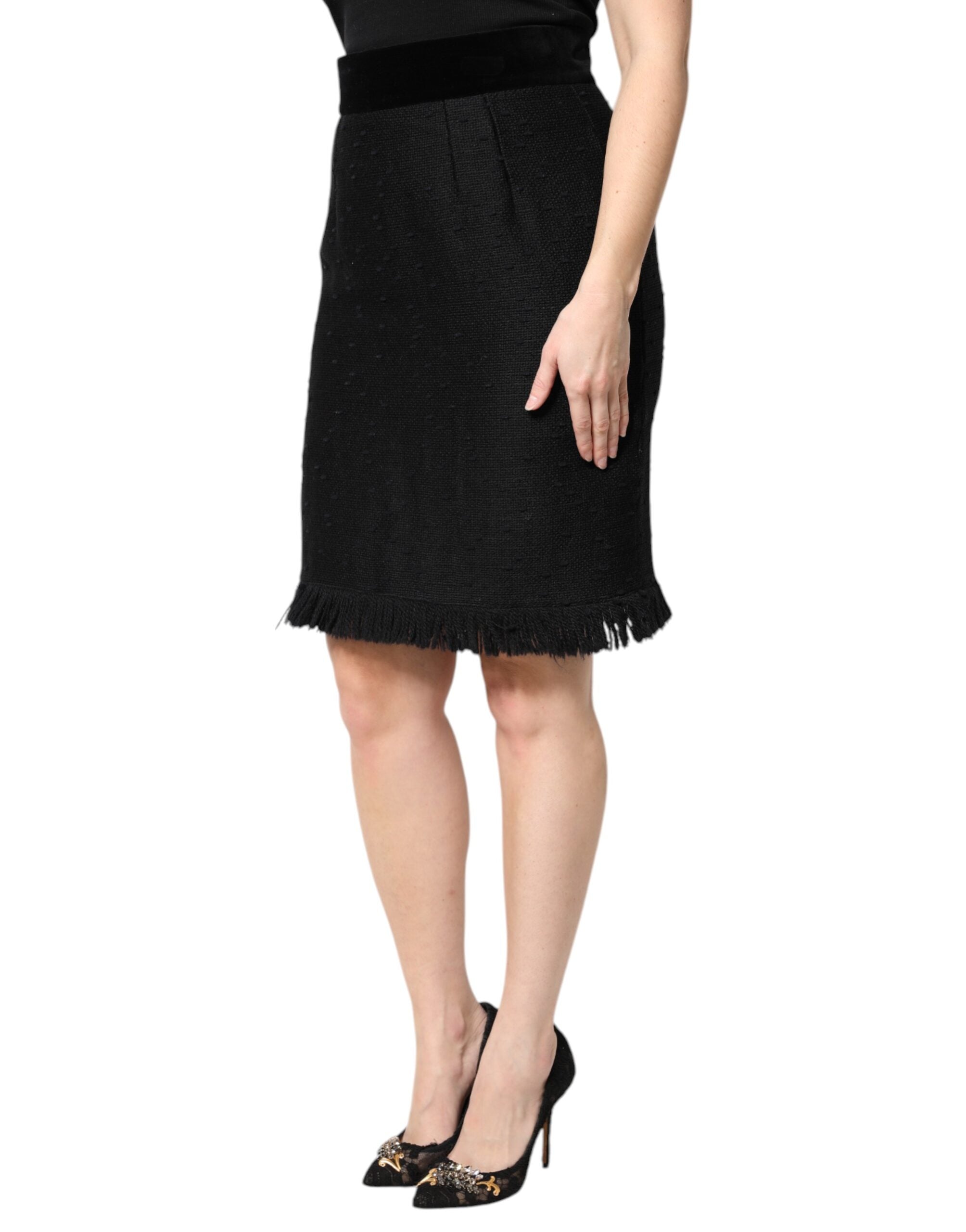 Dolce & Gabbana Black Wool Fringe High Waist Pencil Mini Skirt -   -  Dolce & Gabbana.