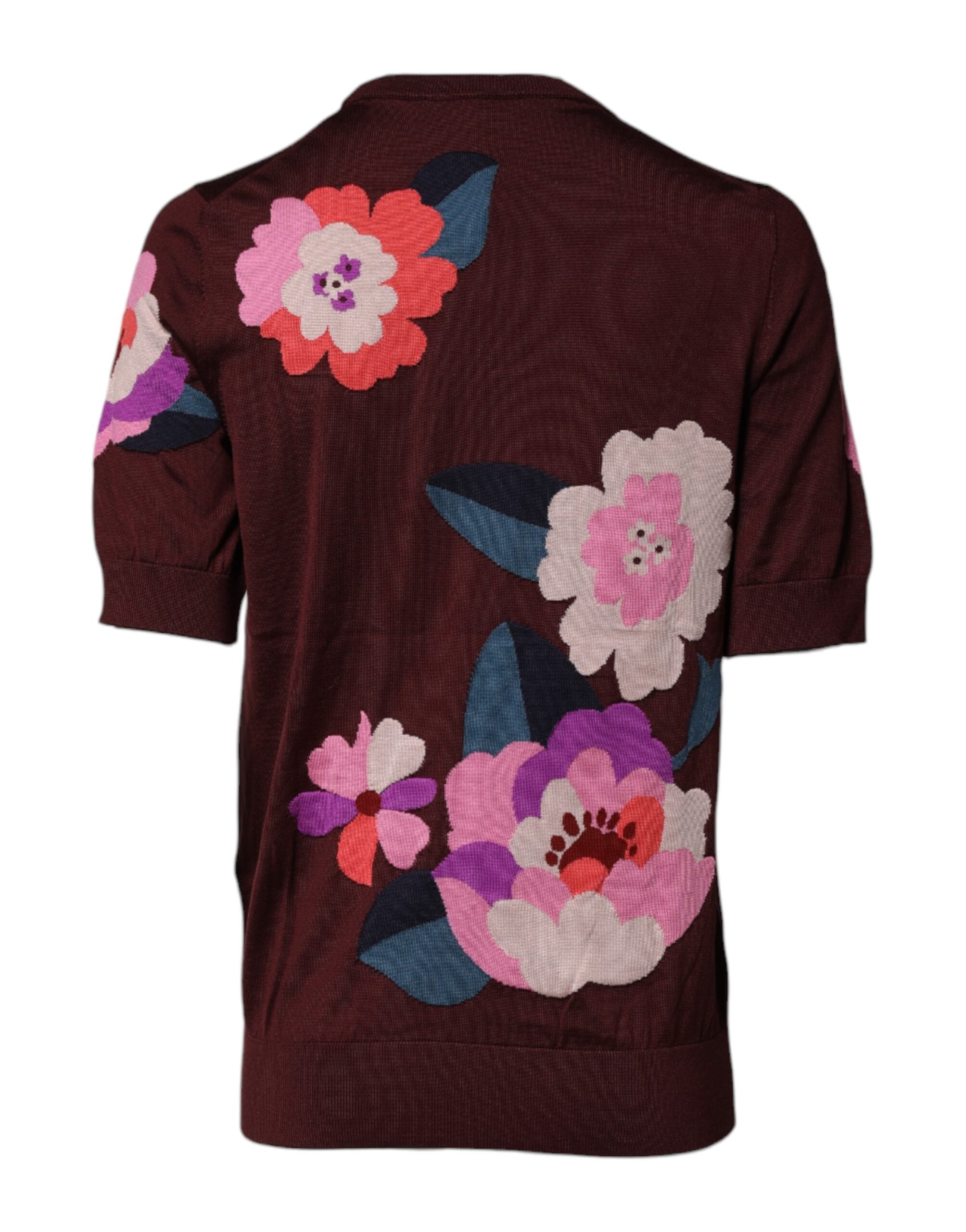 Dolce & Gabbana Maroon Floral Silk Crew Neck Blouse Top -   -  Dolce & Gabbana.