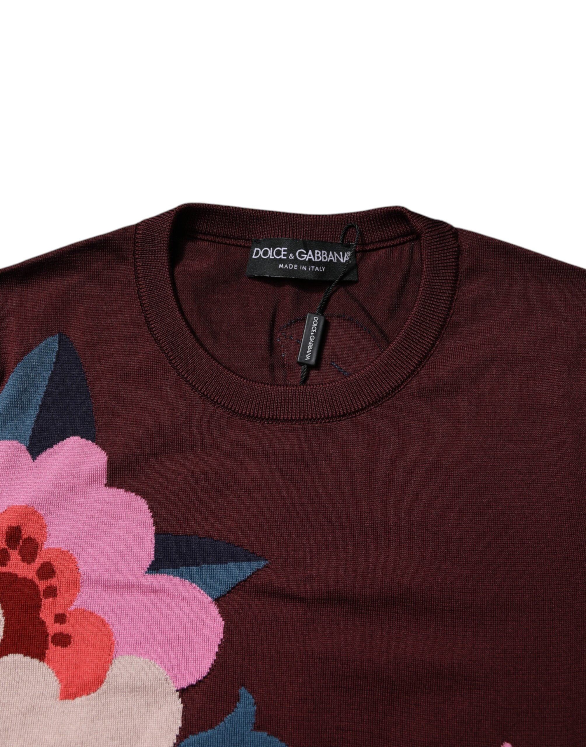 Dolce & Gabbana Maroon Floral Silk Crew Neck Blouse Top -   -  Dolce & Gabbana.