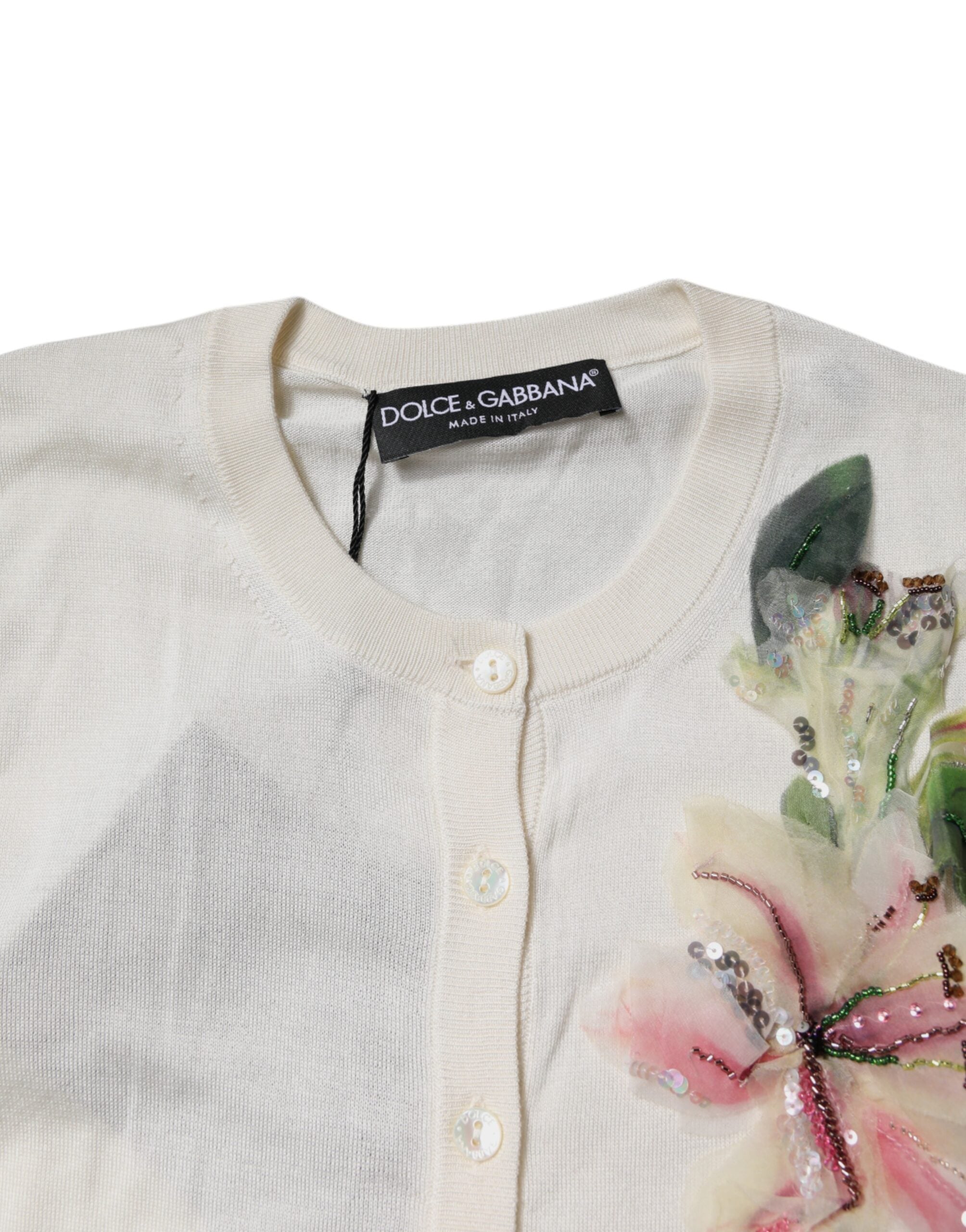 Dolce & Gabbana Cream Floral Silk Embellished Cardigan Sweater -   -  Dolce & Gabbana.