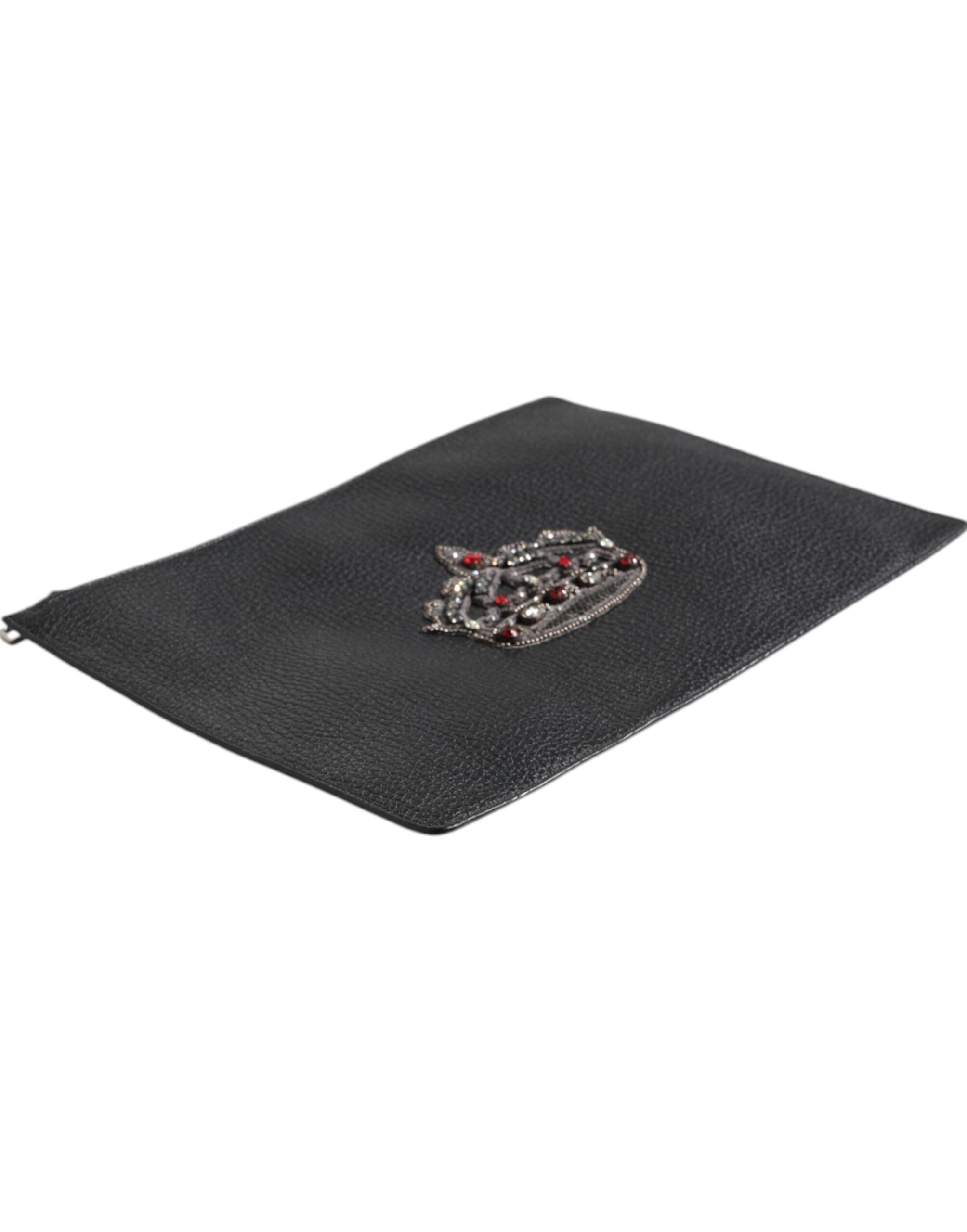 Dolce & Gabbana Black Calfskin Crown Embellished Clutch Pouch Bag -   -  Dolce & Gabbana.