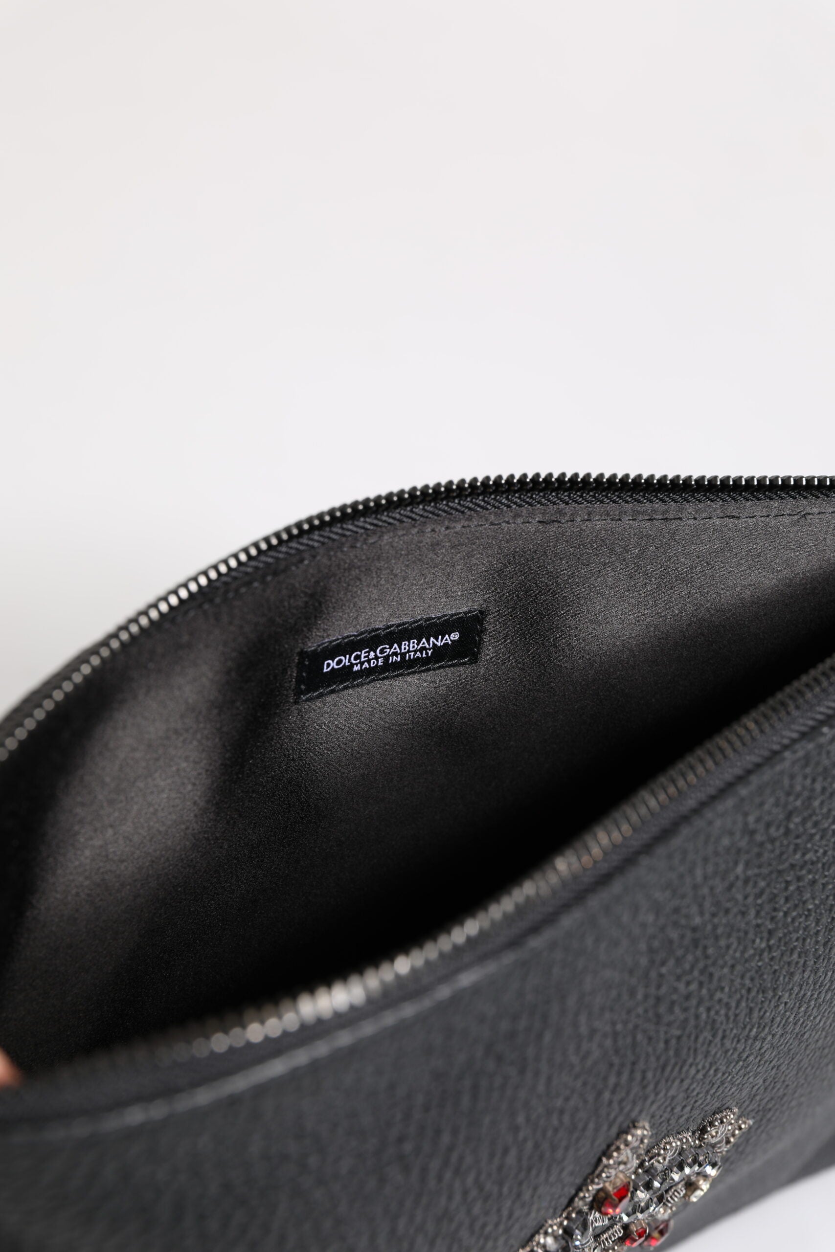 Dolce & Gabbana Black Calfskin Crown Embellished Clutch Pouch Bag -   -  Dolce & Gabbana.