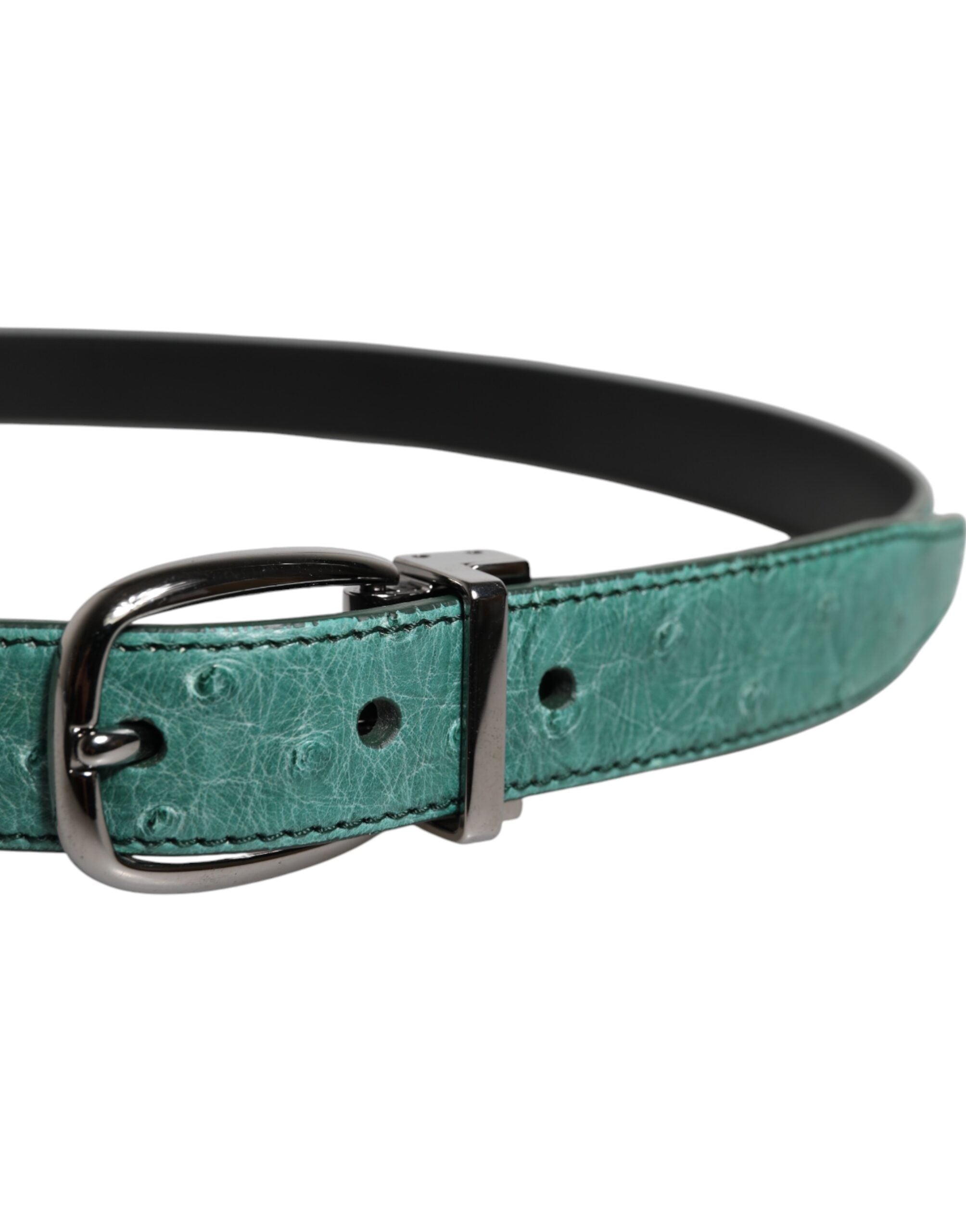 Dolce & Gabbana Green Ostrich Leather Silver Metal Buckle Belt -   -  Dolce & Gabbana.