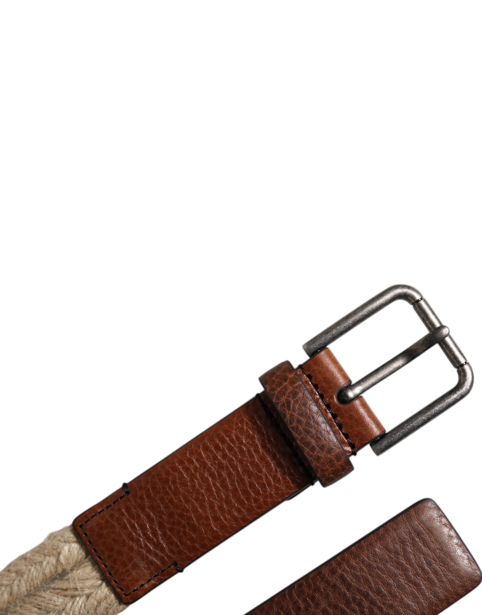 Dolce & Gabbana Brown Jute Leather Woven Metal Buckle Belt -   -  Dolce & Gabbana.