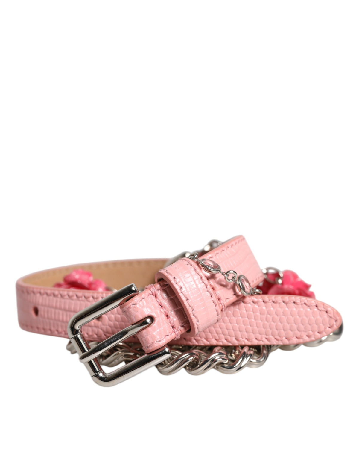 Dolce & Gabbana Pink Embelished Roses Textured Leather Belt -   -  Dolce & Gabbana.