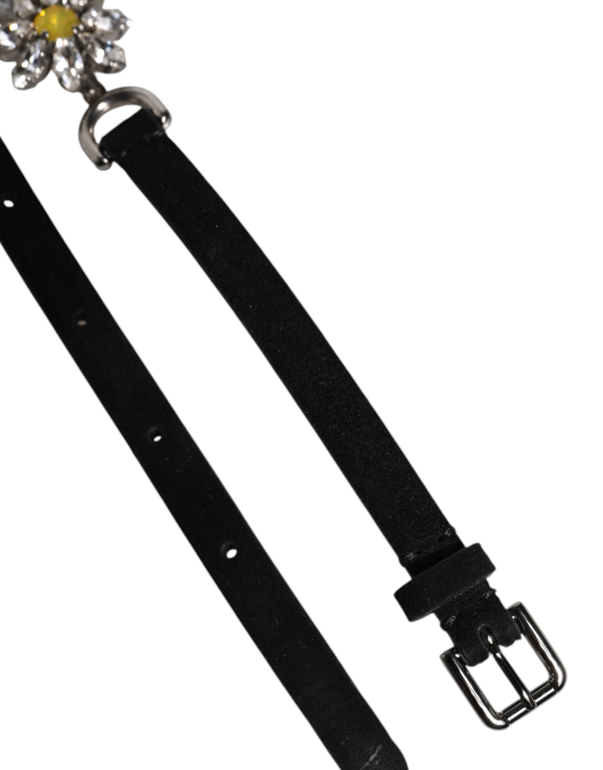Dolce & Gabbana Black Leather Daisy Crystal Embellish Waist Belt -   -  Dolce & Gabbana.