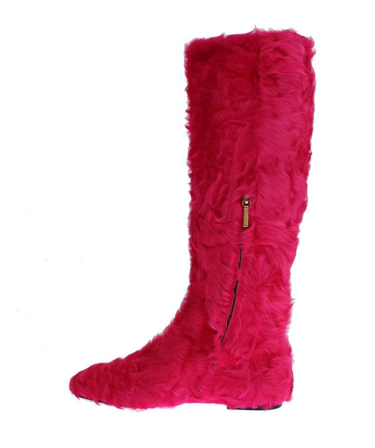 Dolce & Gabbana Pink Lamb Fur Leather Flat Boots -   -  Dolce & Gabbana.