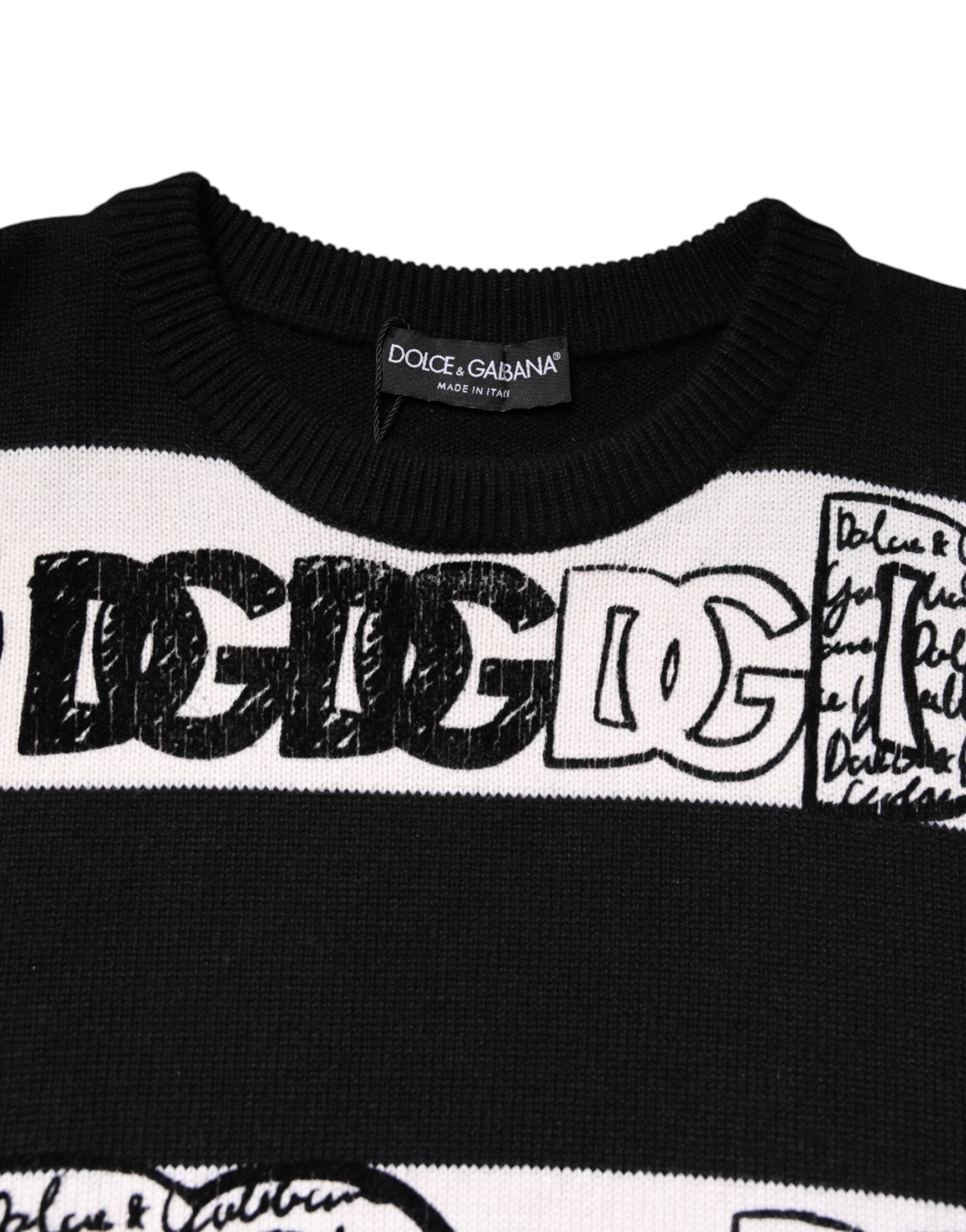 Dolce & Gabbana Black White Logo Print Wool Pullover Sweater -   -  Dolce & Gabbana.