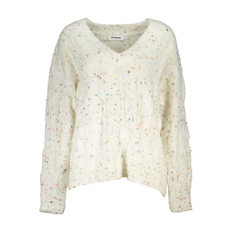 Desigual - Soft Cable Knit Relaxed V-Neck Sweater - White Desigual
