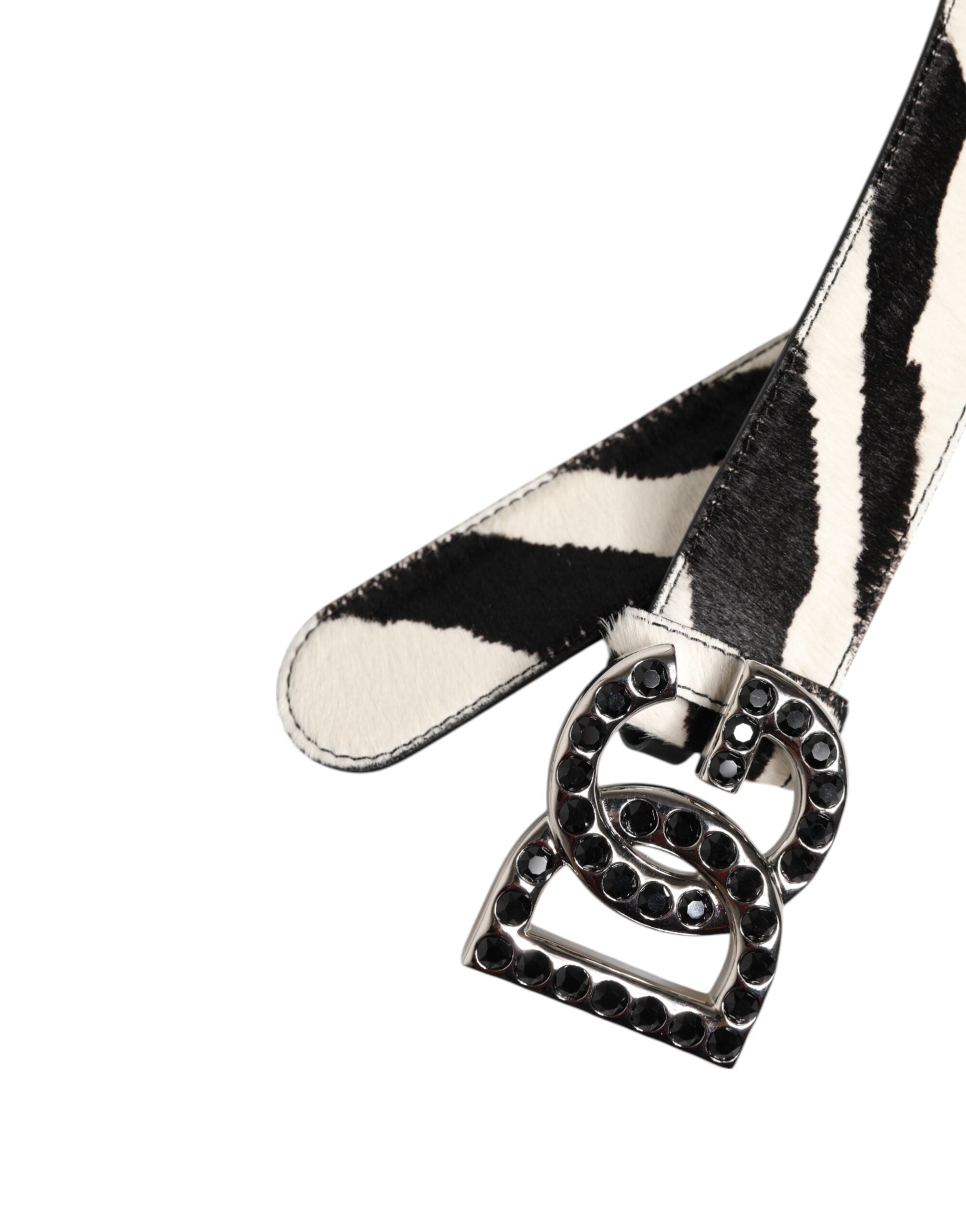 Dolce & Gabbana White Black Leather Zebra DG Crystal Buckle Belt -   -  Dolce & Gabbana.