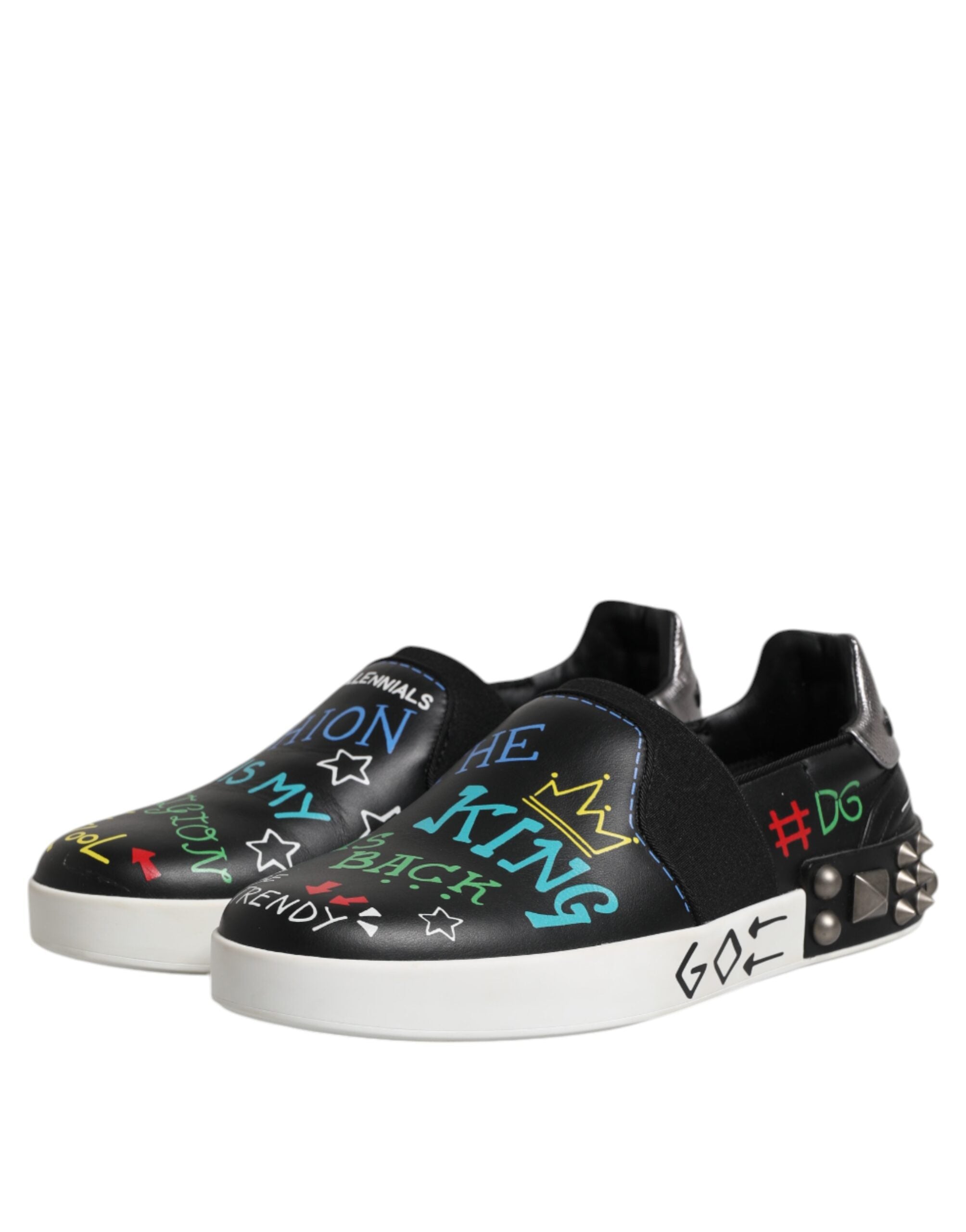 Dolce & Gabbana Black Leather Studded Graffiti Sneakers Shoes -   -  Dolce & Gabbana.